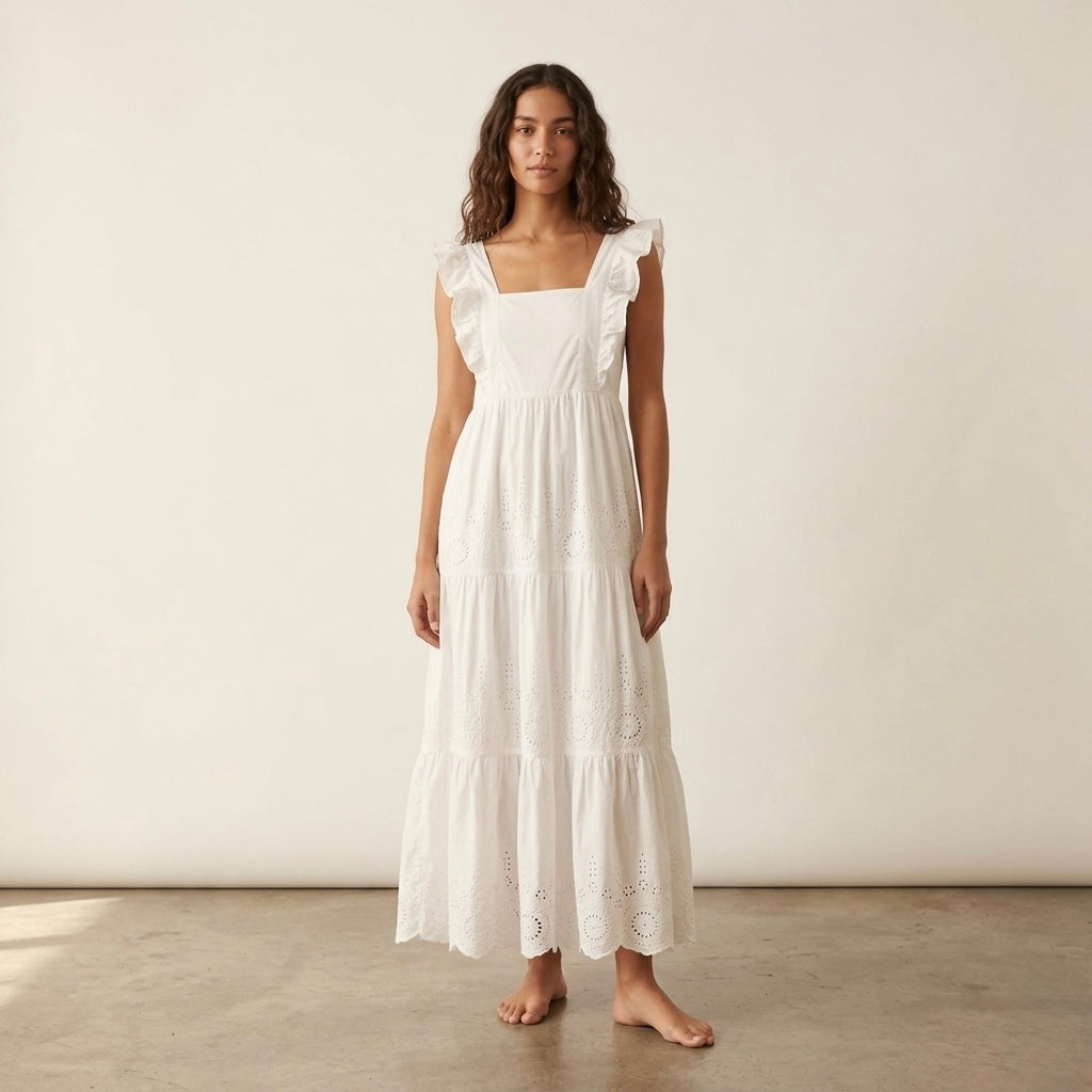 MANGO White Eyelet Embroidered Cotton Maxi Dress | XS