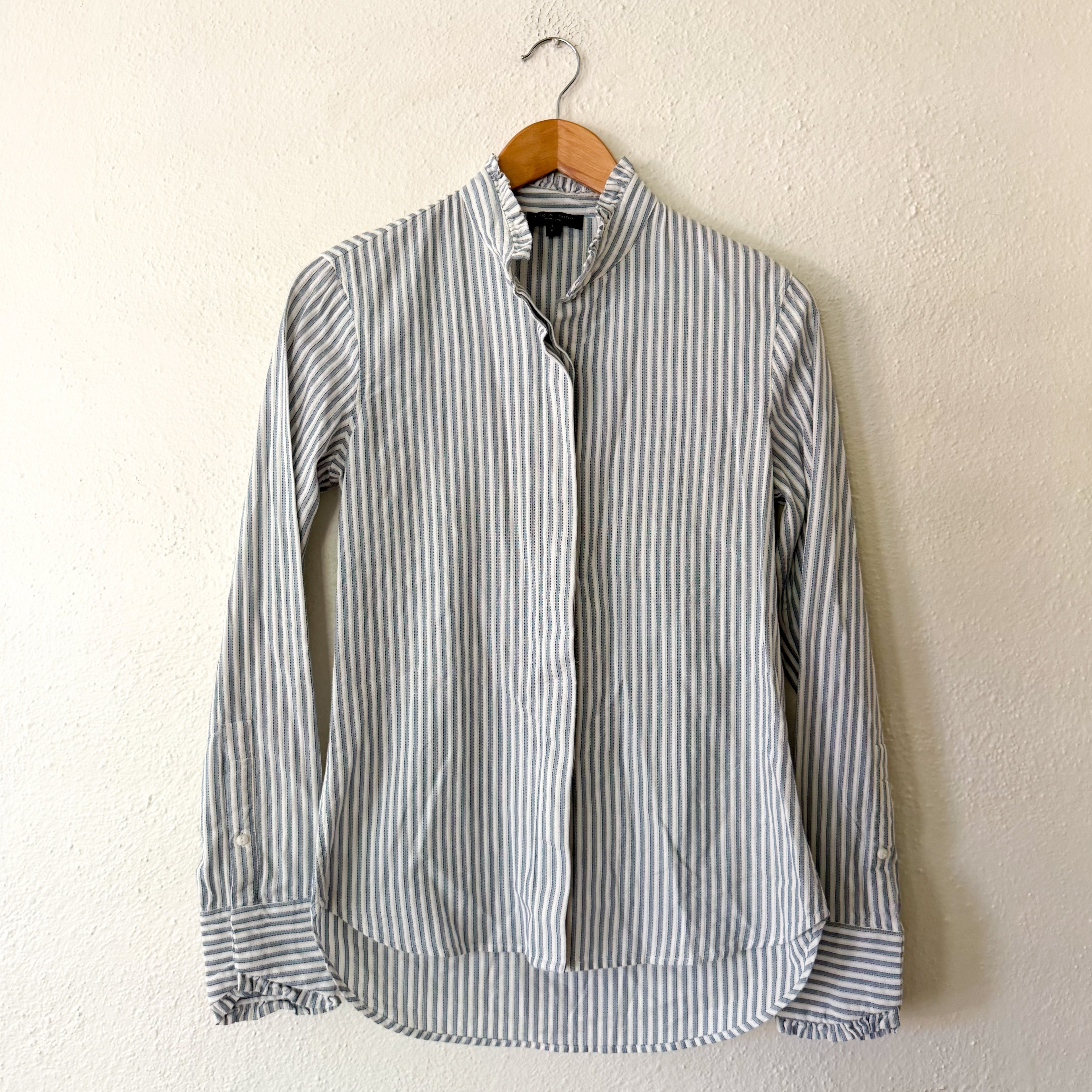 Rag & Bone Jordan Ruffle Neck Long Sleeve Button Up Shirt in Blue Stripe | S