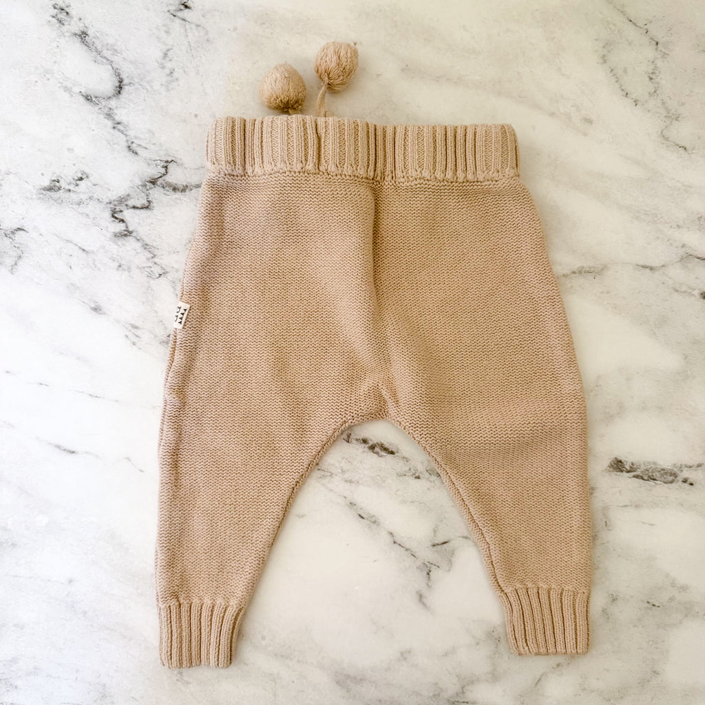 Petit Filippe Tan Knit Pom Pom Drawstring Pull On Pants | 6-9m