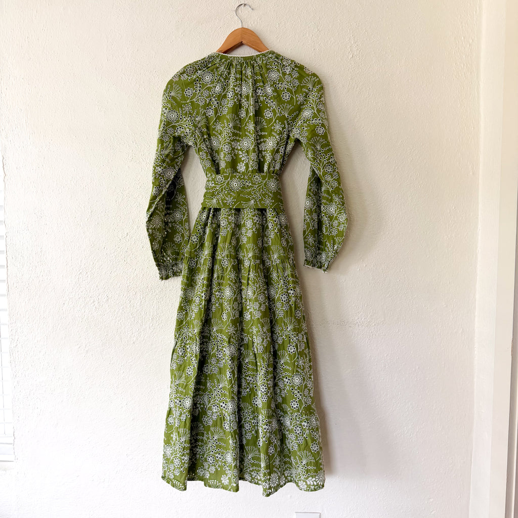 ME+EM Bespoke Contrast Green Broderie Long Sleeve Midi Dress | 0