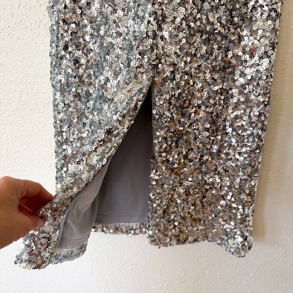 Mango MNG Silver Sequin Midi Straight Pencil Skirt | S