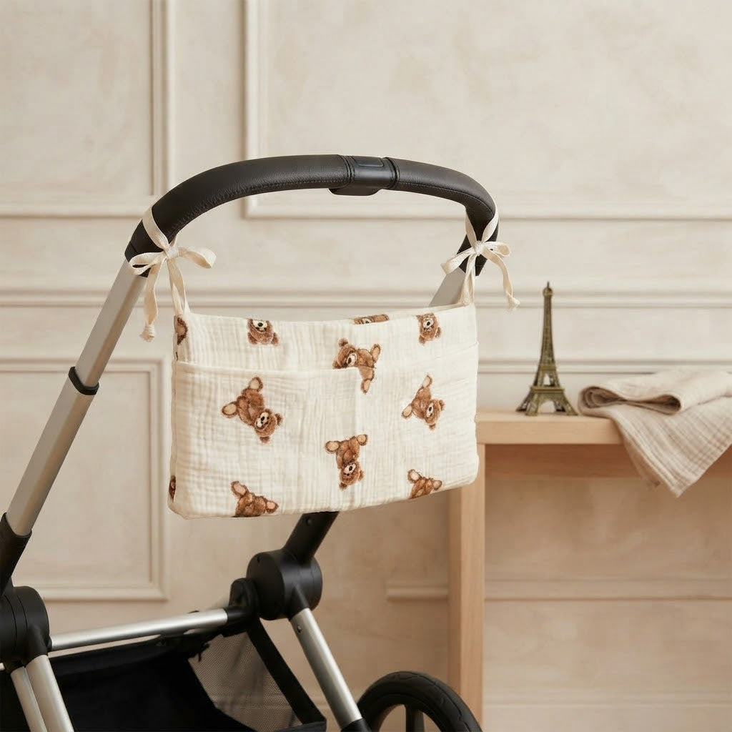 Anna-Kaci Teddy Bear Cream Gauze Stroller Caddy/Organizer Bag