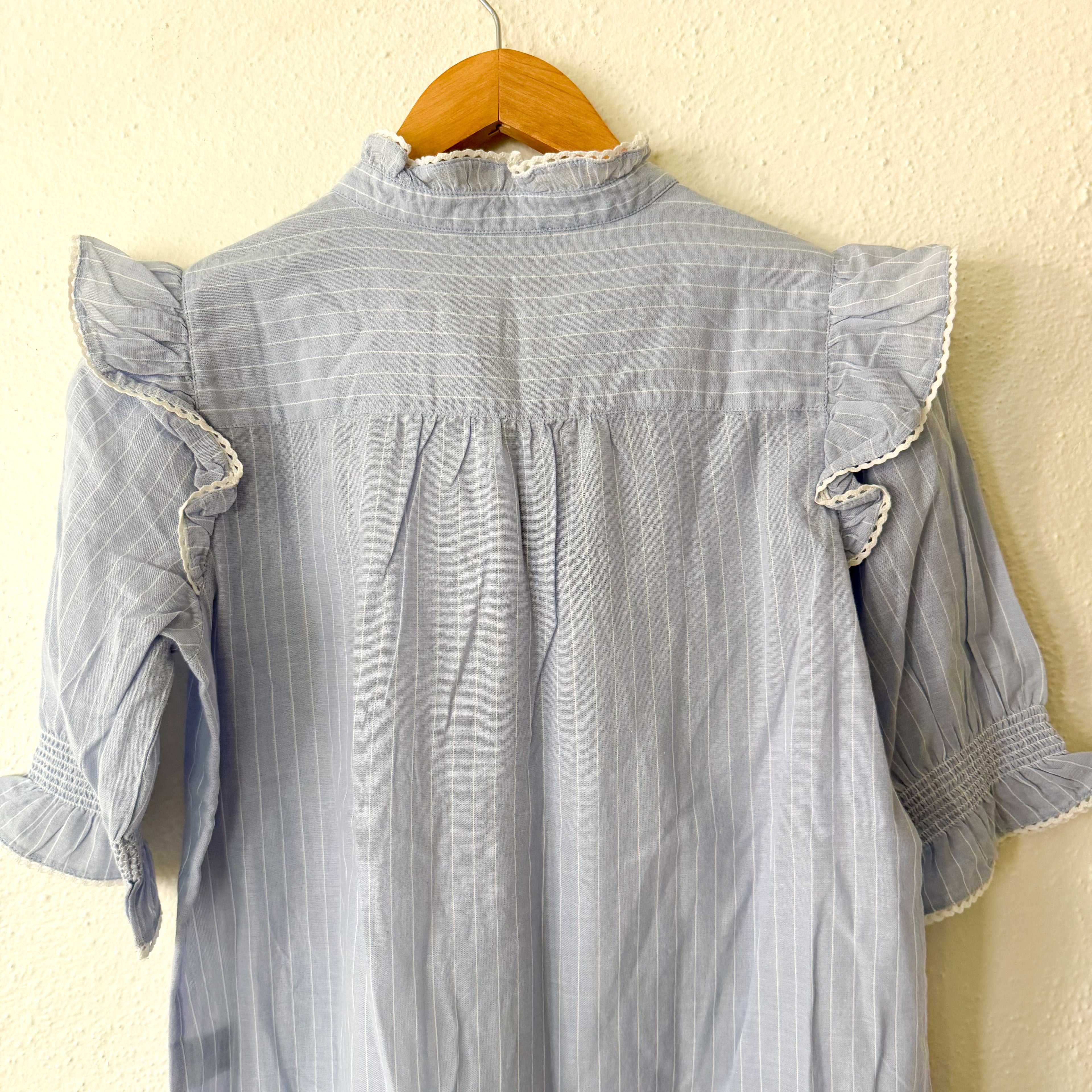 ME+EM Ruffle Mockneck Half Button Up Elbow Sleeve Cotton Blouse in Blue Stripe | 2