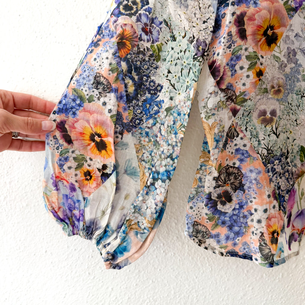 Zimmermann Petite Tama Ramie Pansy Floral Long Sleeve Sheer Blouse | 0P