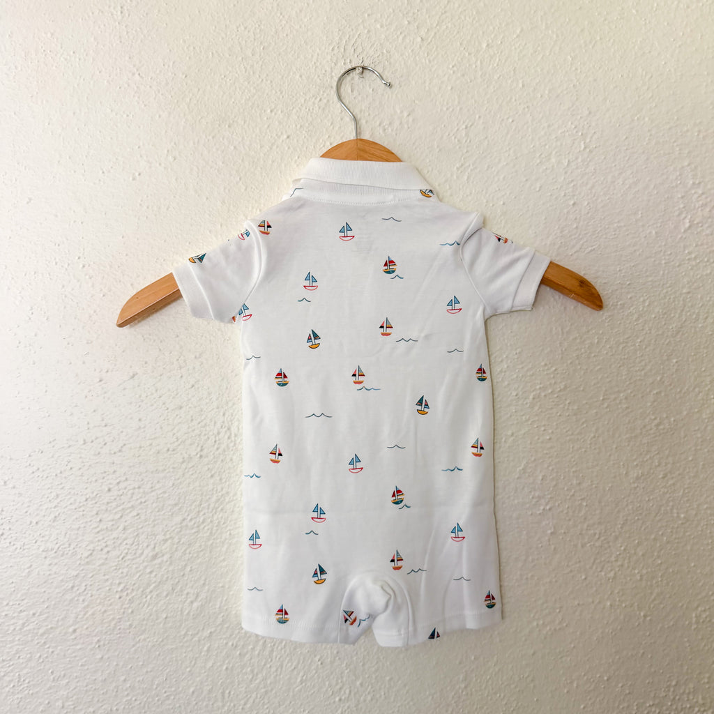 Petite Plume 100% Pima Cotton White Sailboat Collar Short Sleeve Romper | 3-6m