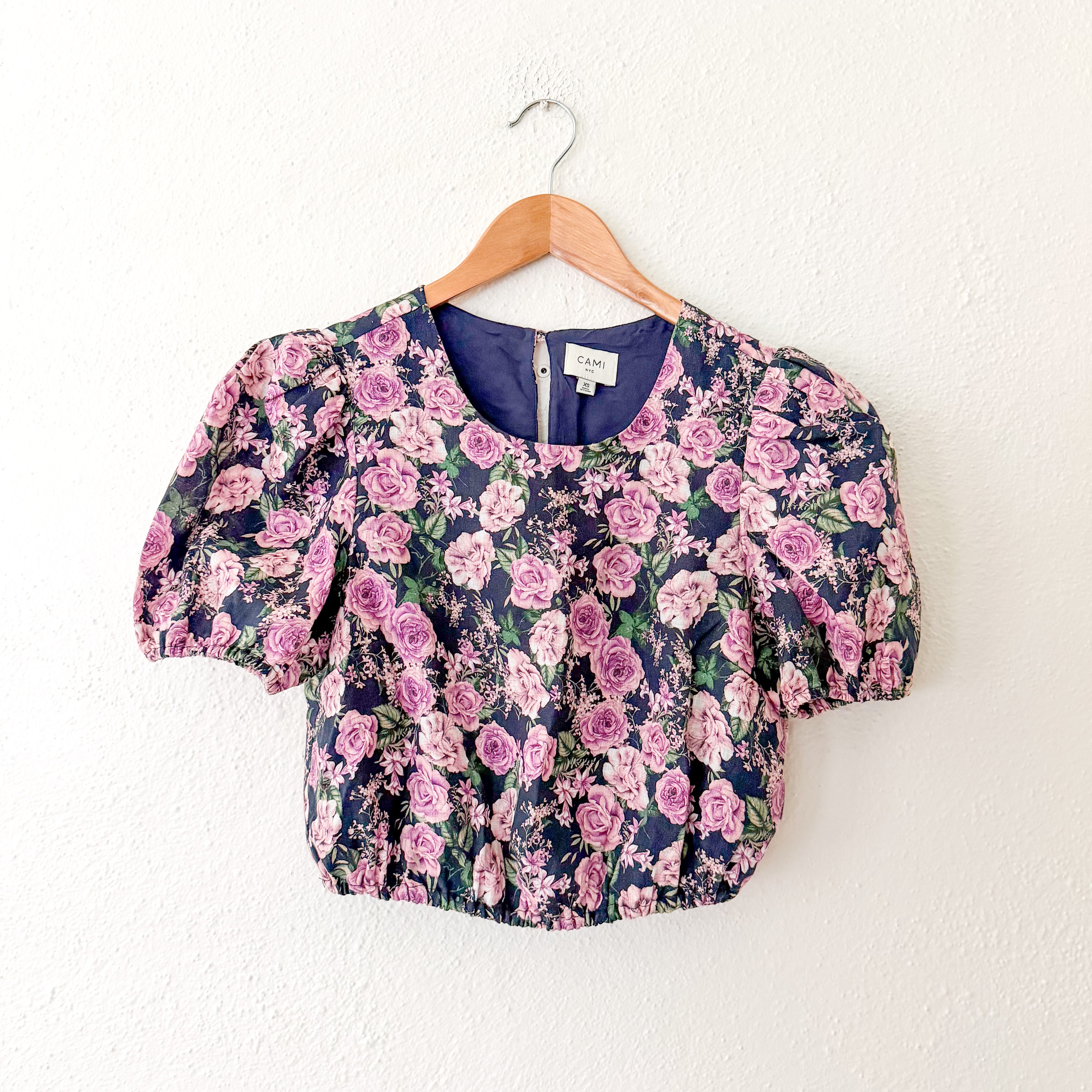 Cami NYC 100% Linen Cropped Purple Floral Puff Sleeve Blouse | XS