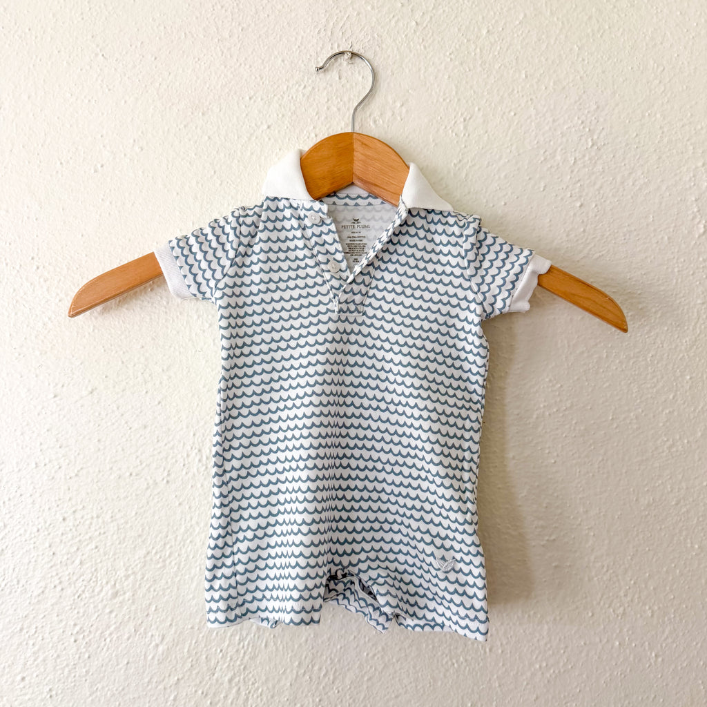 Petite Plume La Mer Pima Cotton Blue Wavy Stripe Summer Collared Romper | 0-3m