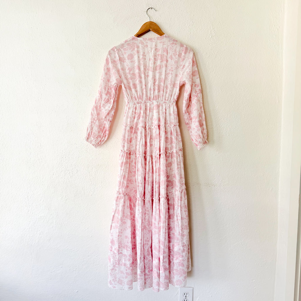 Free People Pappiet Midi Long Sleeve Boho Dress in Pink Ivory Floral | XS