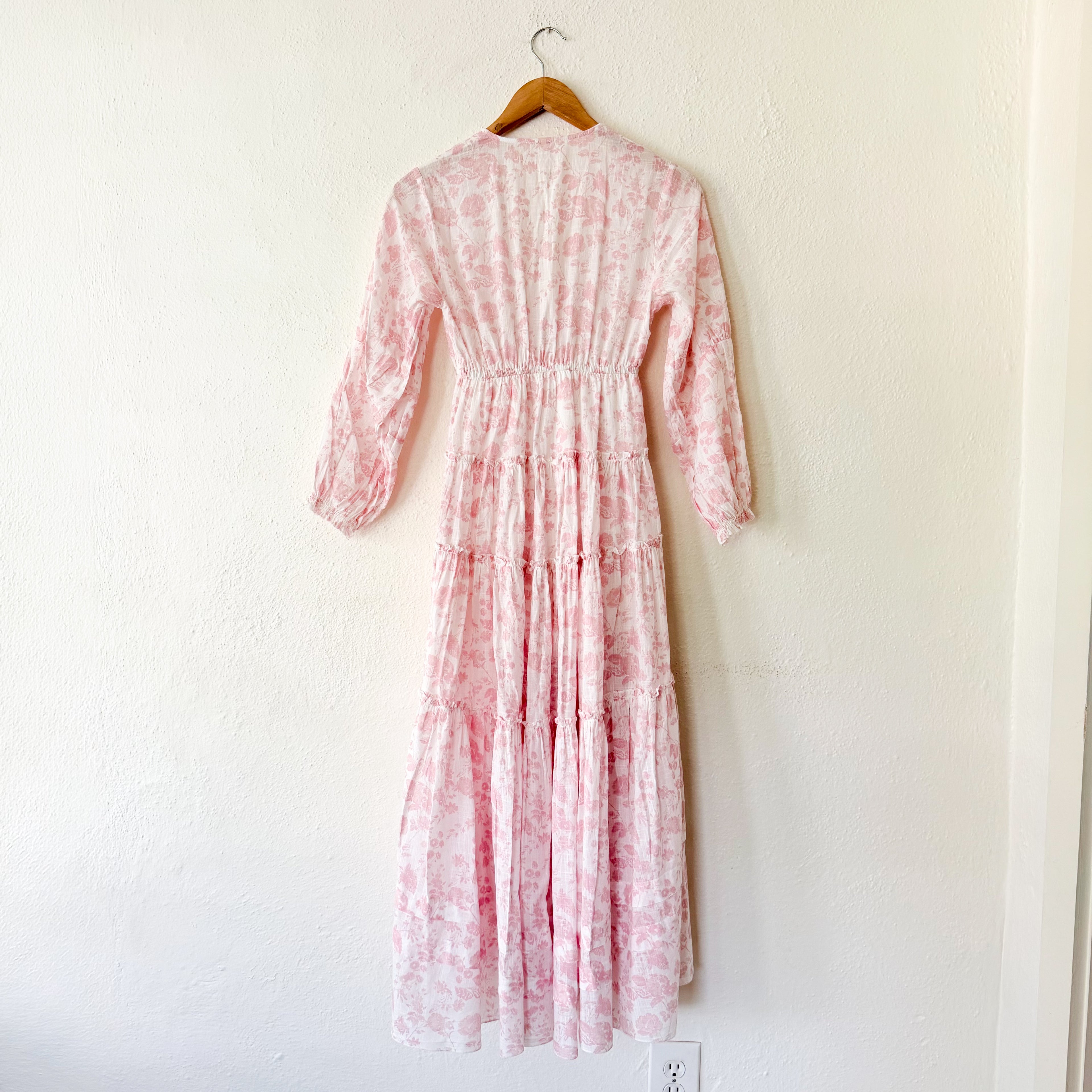 Free People Pappiet Midi Long Sleeve Boho Dress in Pink Ivory Floral | XS