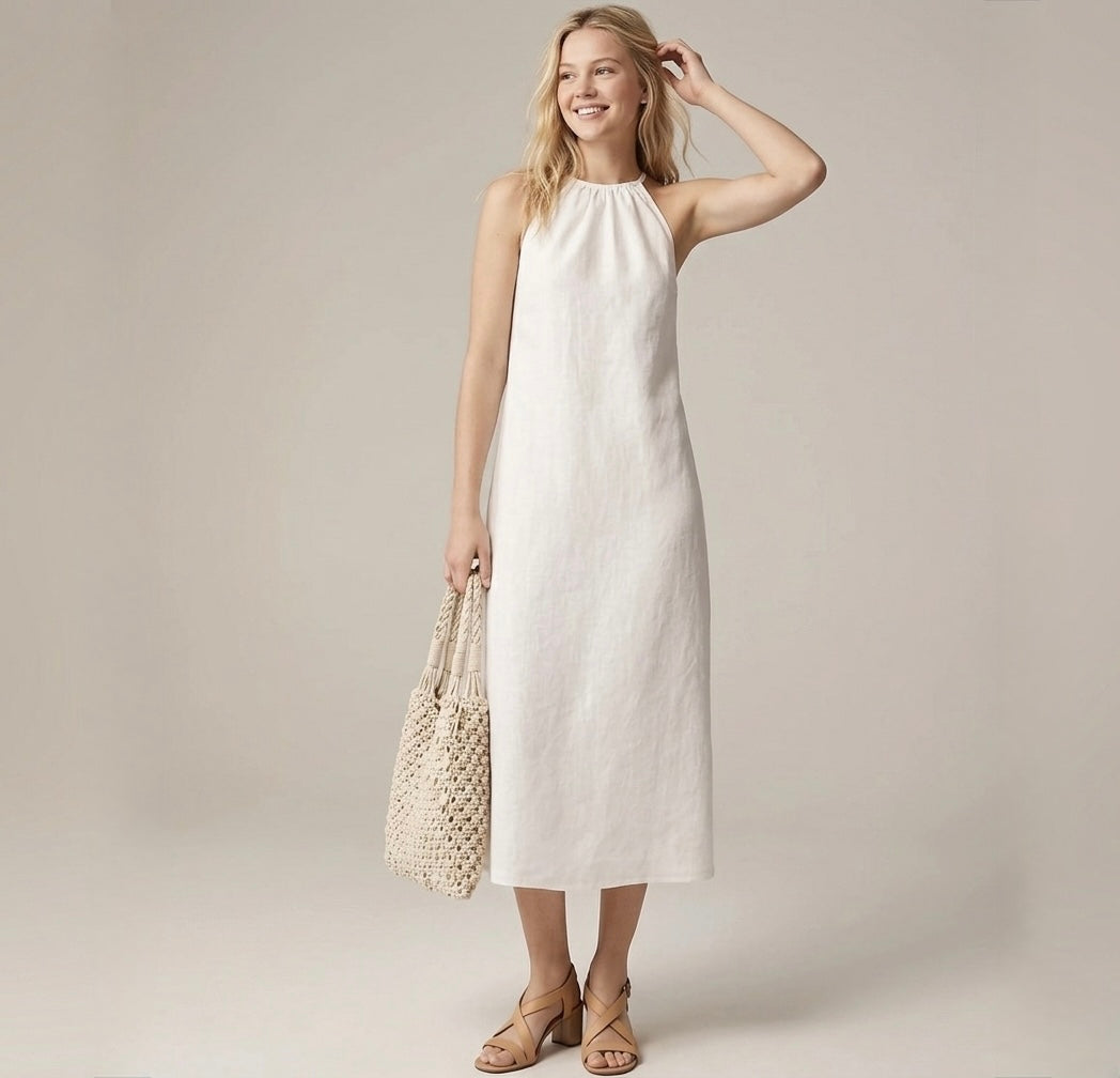 J.Crew High Neck 100% Linen Midi Dress in White | 00