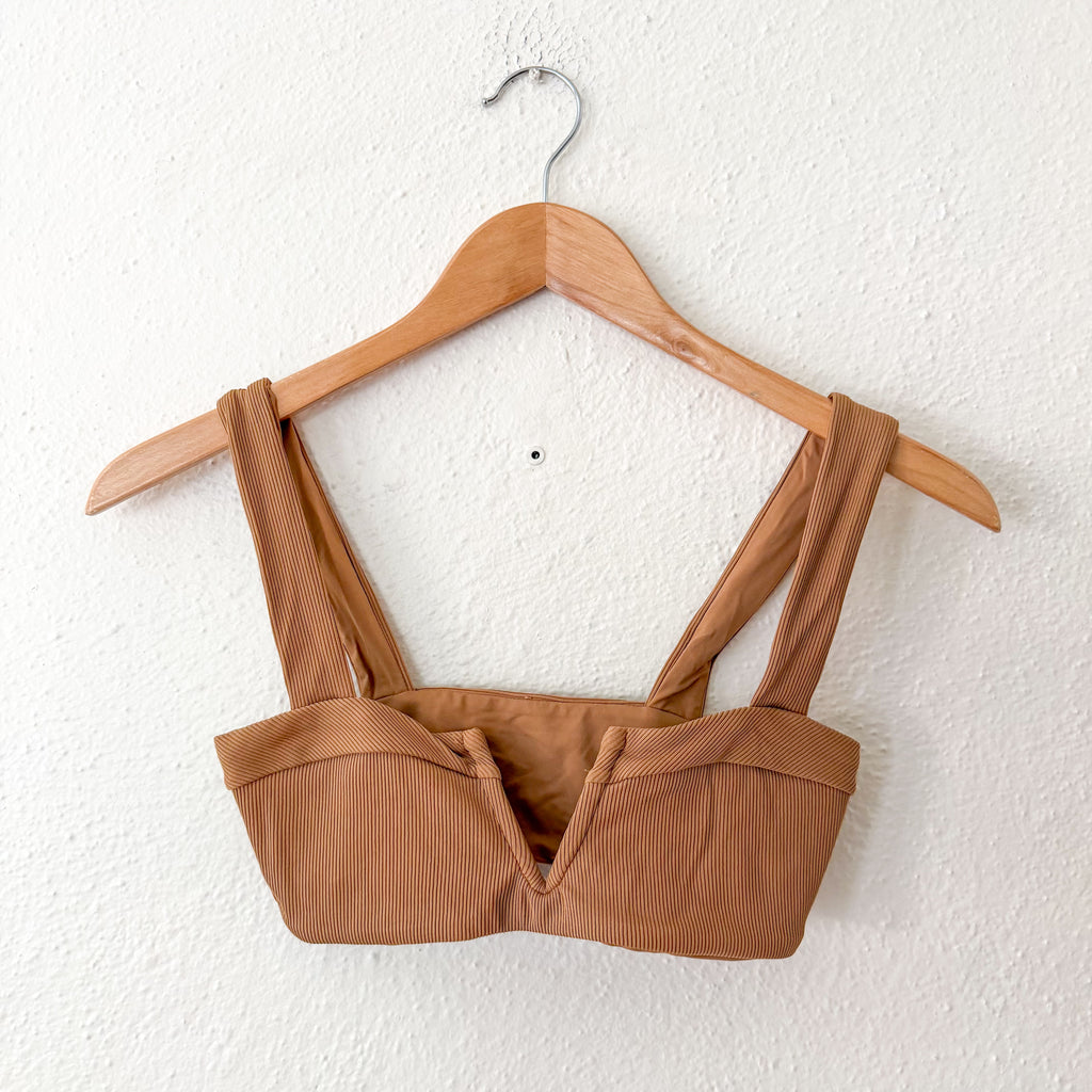 Ribbed V-Notched Bikini Top + Low Rise Bikini Bottoms in Camel | XS