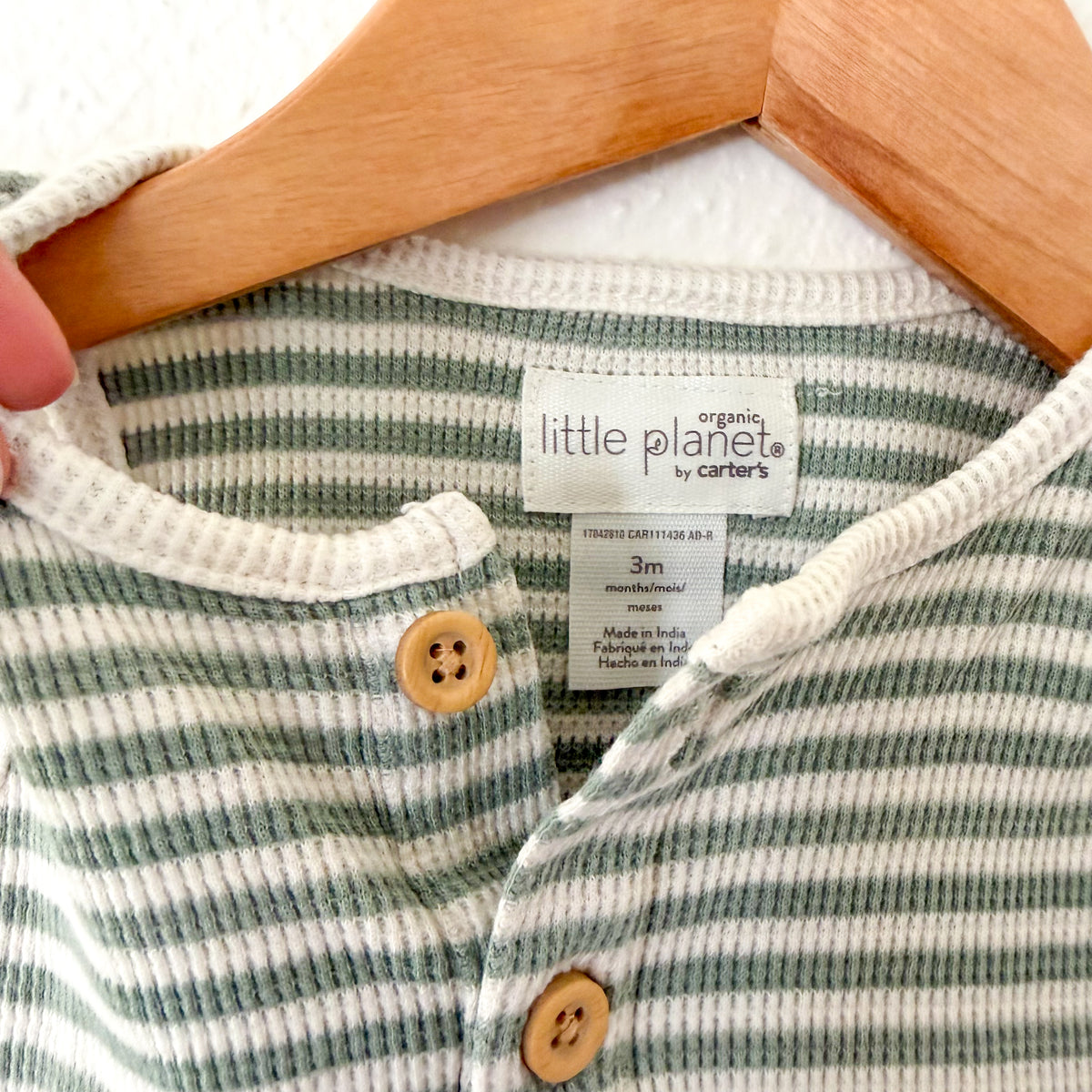 Little Planet Organic Dusty Sage Green & Cream Stripe Waffle Knit Texture Sleeveless Romper | 0-3m