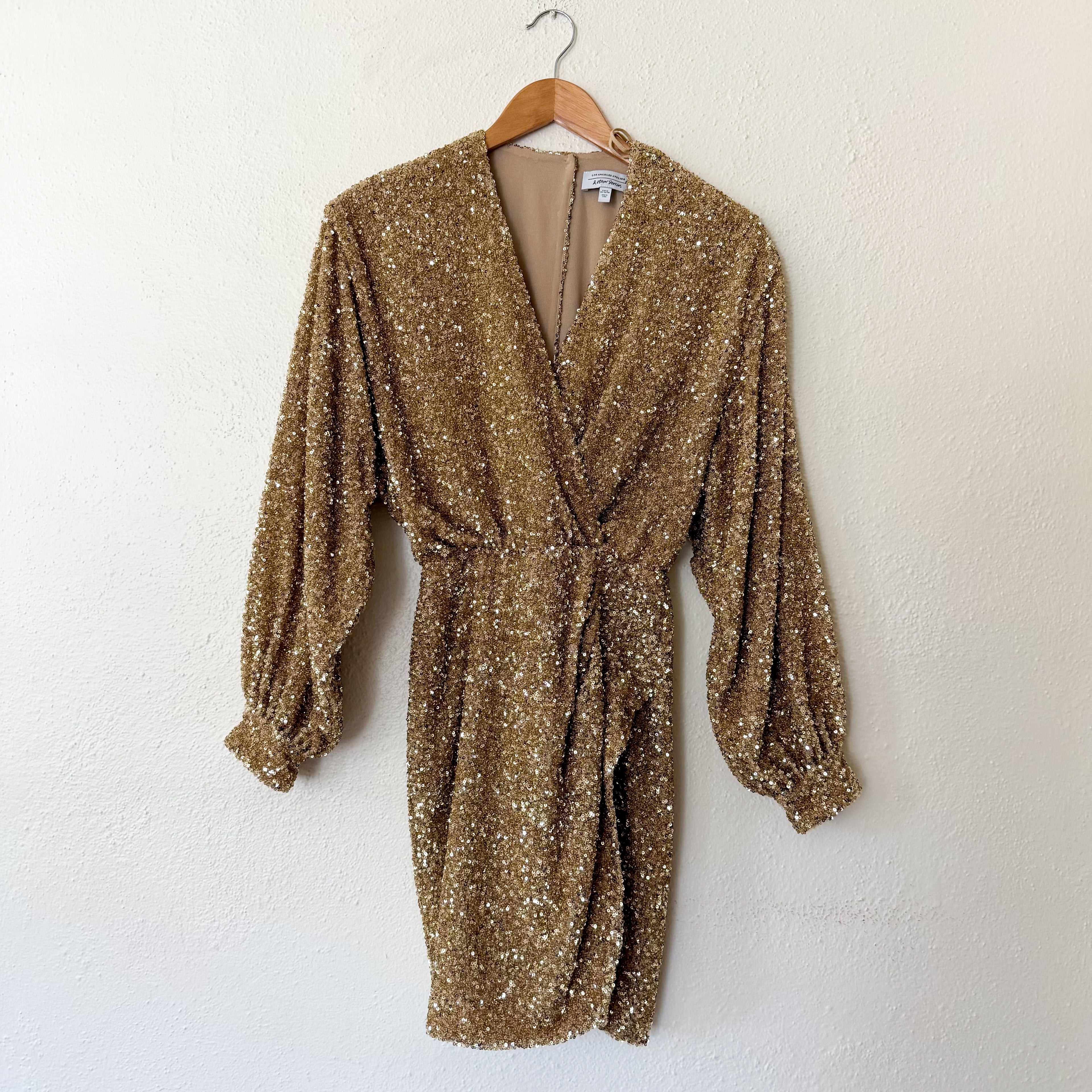 & Other Stories Wrap-Effect Gold Sequin Dolman Sleeve Mini Dress | 0/EUR 32
