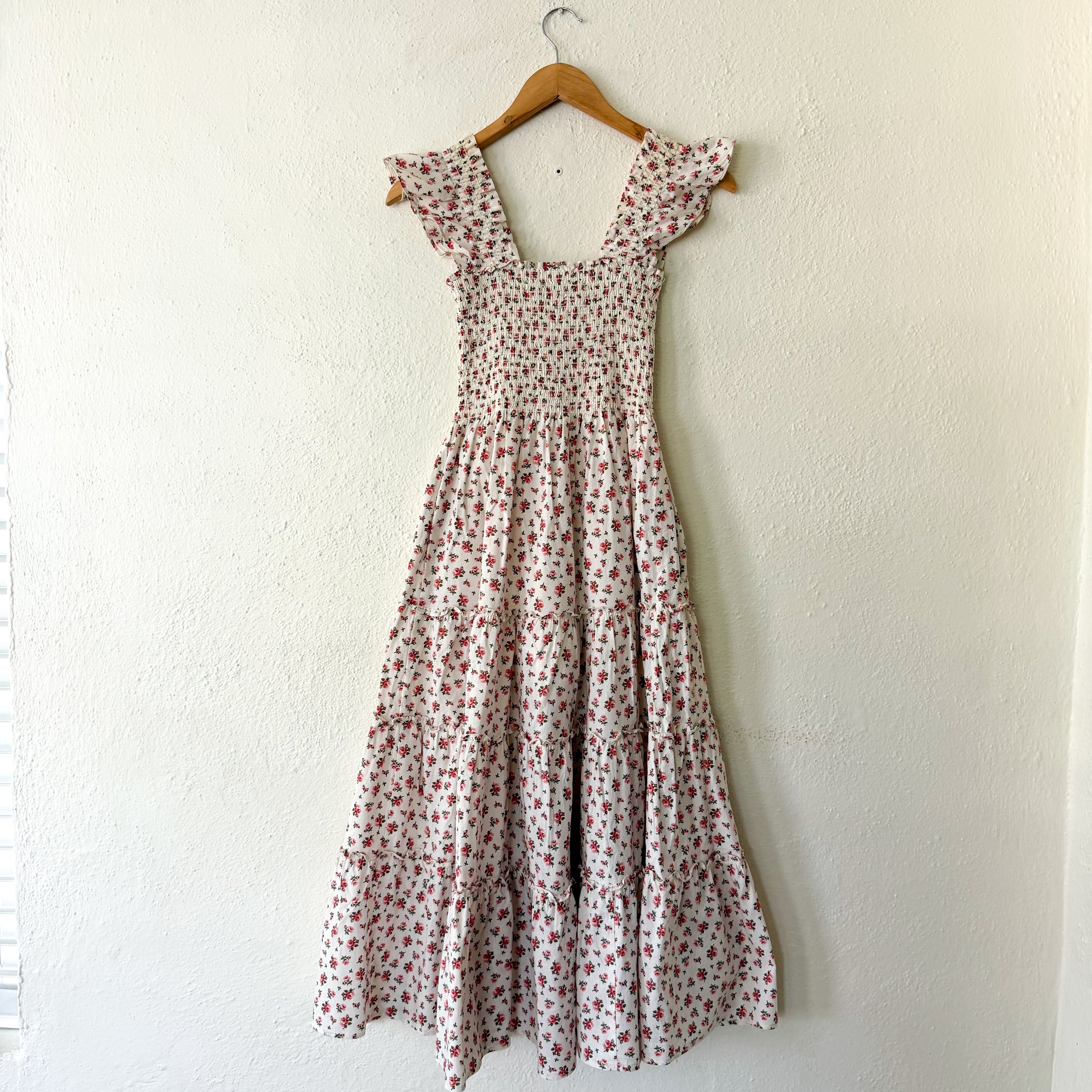O.P.T. Calypso Cotton Smocked Cream Floral Midi Dress | XS
