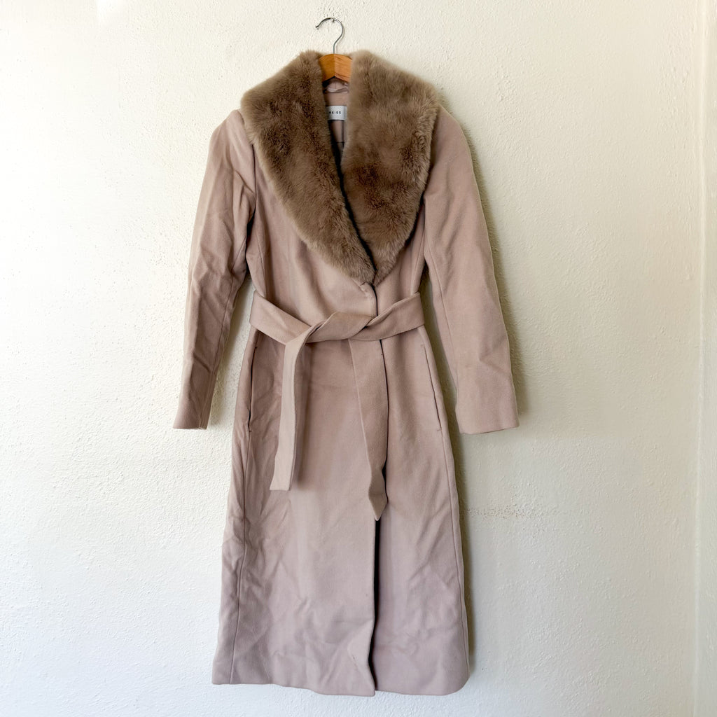 Reiss Dawson Full Length Belted Coat with Detachable Faux Fur Shawl Collar in Dusty Mauve | XS