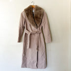 Reiss Dawson Full Length Belted Coat with Detachable Faux Fur Shawl Collar in Dusty Mauve | XS