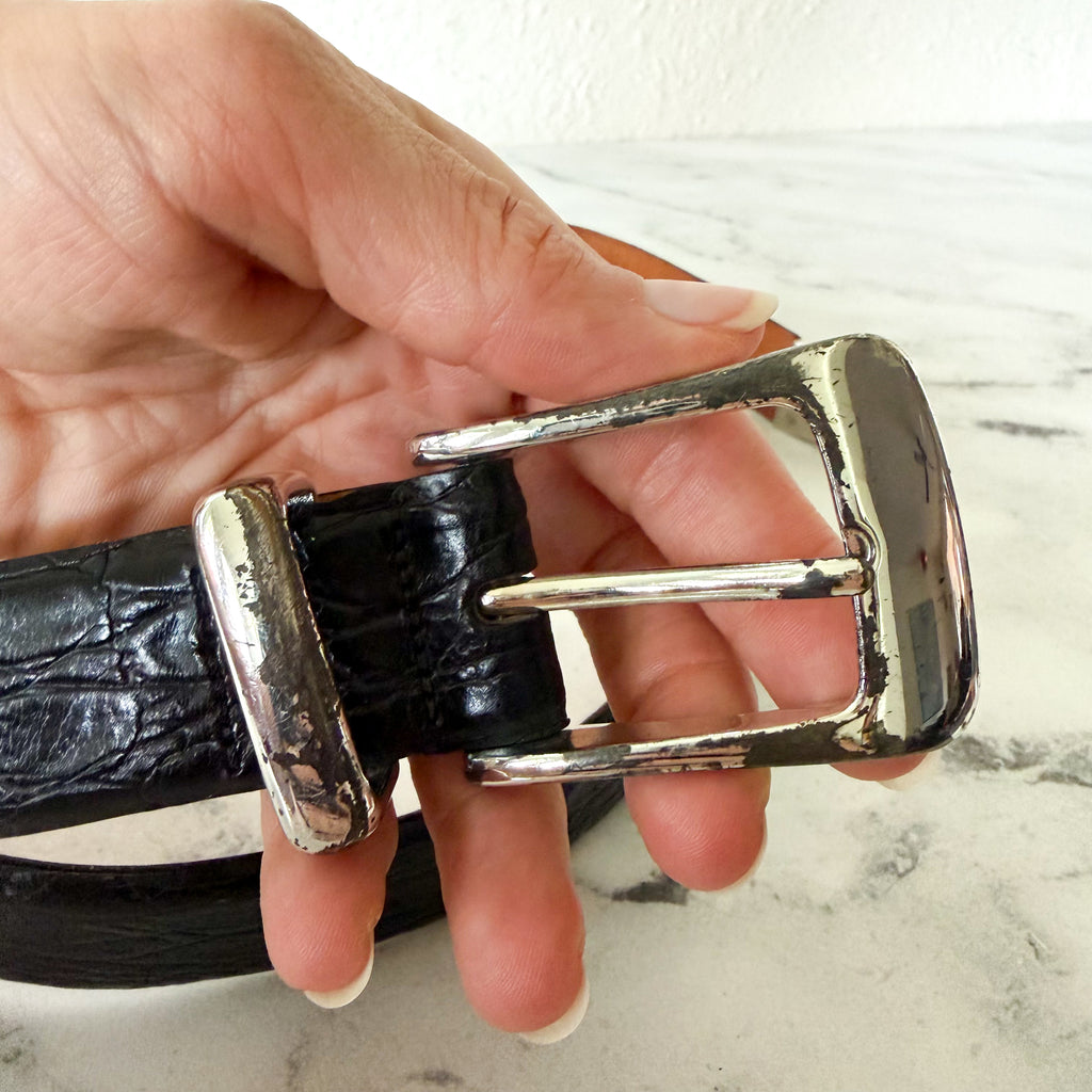 Martin Dingman Black Crocodile Grain Italian Calfskin Belt with Silver Tip | 42