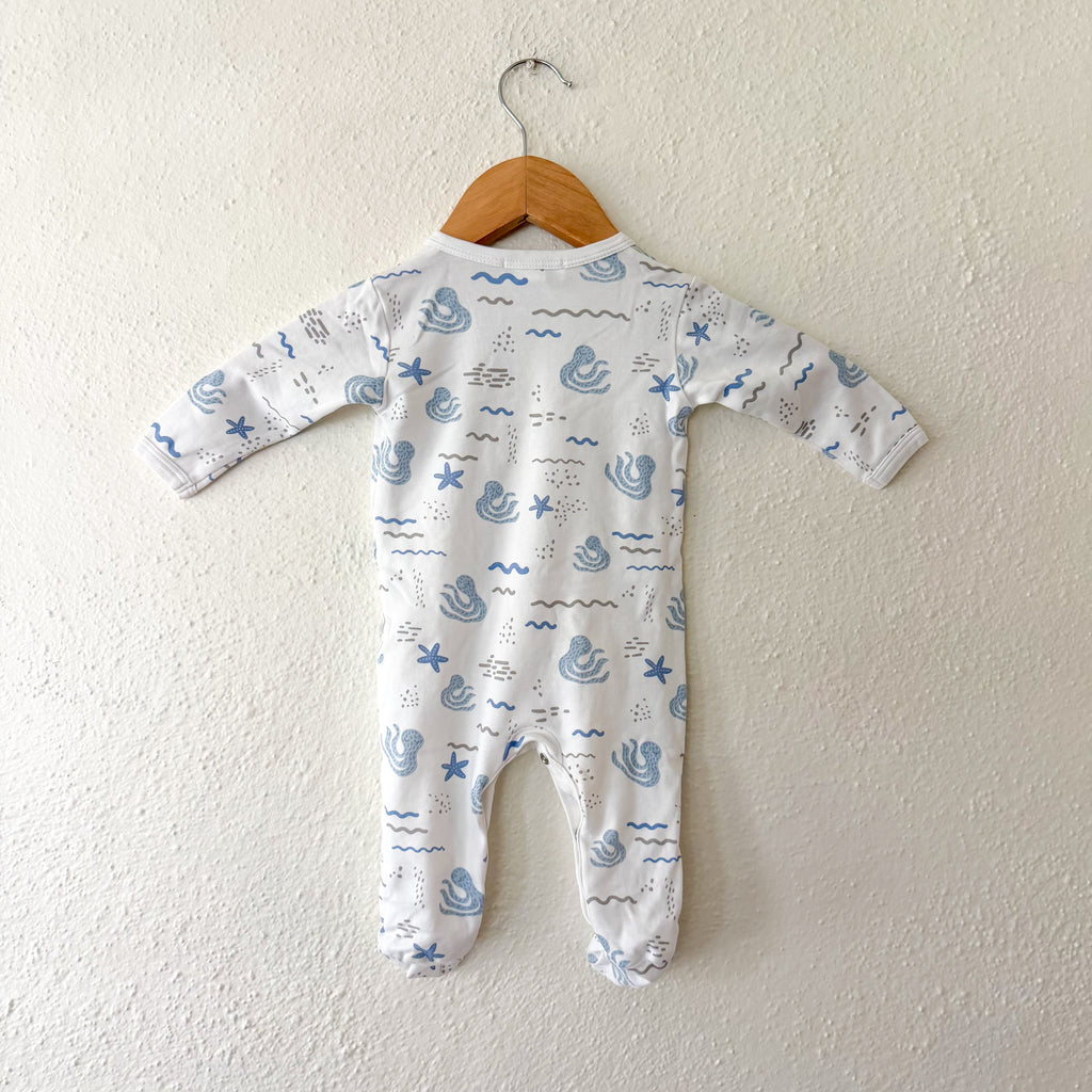 Feather Baby Cream Ocean Print Pima Cotton Long Sleeve Snap Footed Sleeper | 3-6m