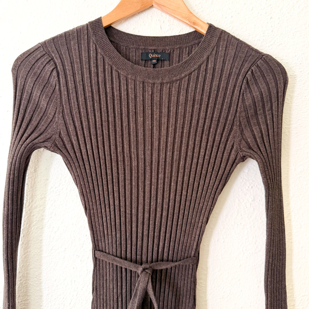 Quince Cotton Cashmere Ribbed Long Sleeve Crew Midi Sweater Dress in Brown Heather | XS