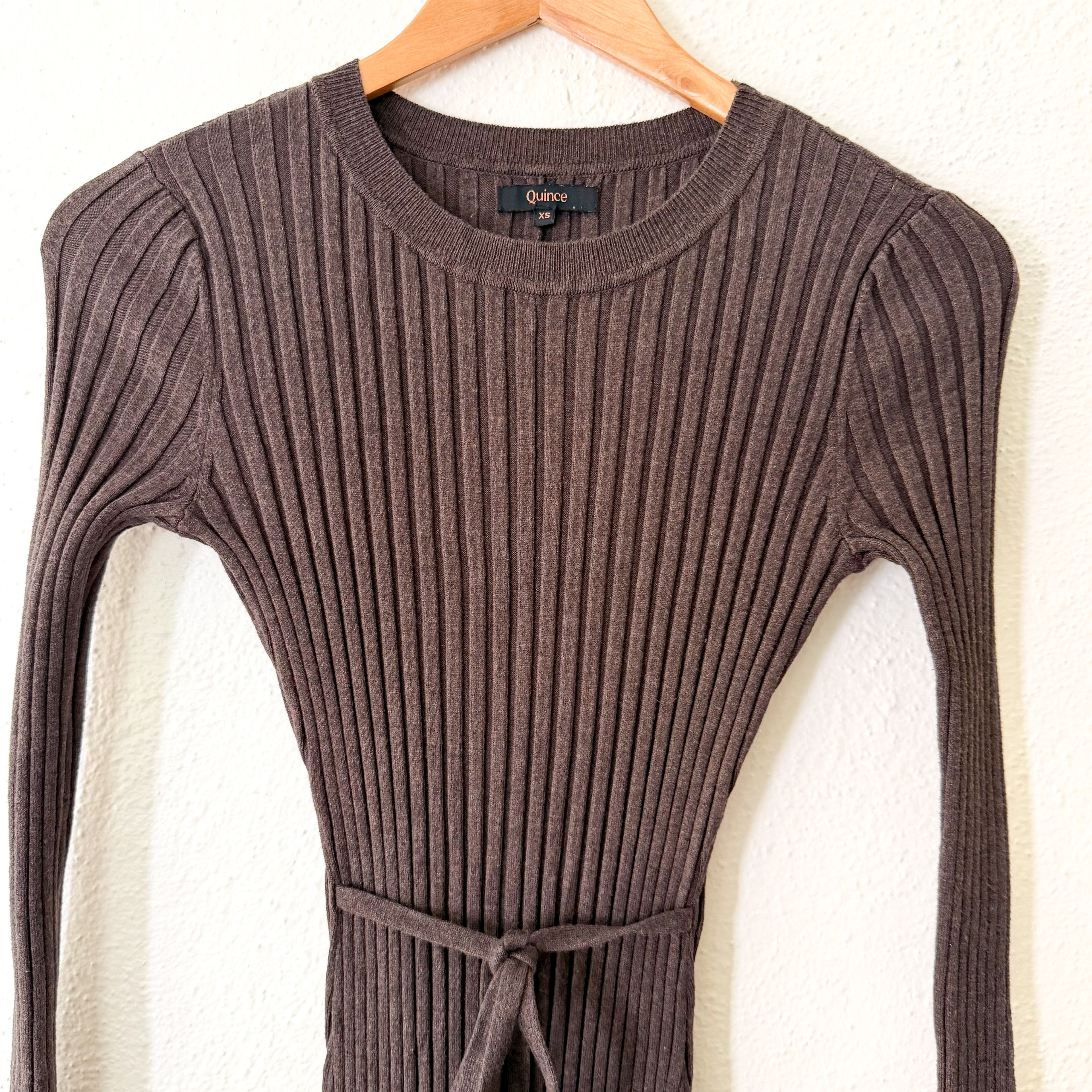 Quince Cotton Cashmere Ribbed Long Sleeve Crew Midi Sweater Dress in Brown Heather | XS