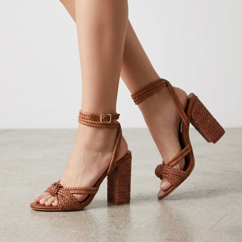 Steve Madden Cognac Malou Raffia Block Heels | 6.5