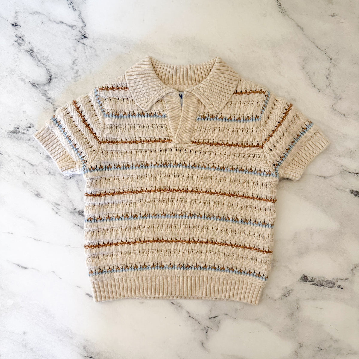 Old Navy Tan Brown Blue Crochet Collared Knit Sweater + Pull On Shorts Matching Set | 0-3m