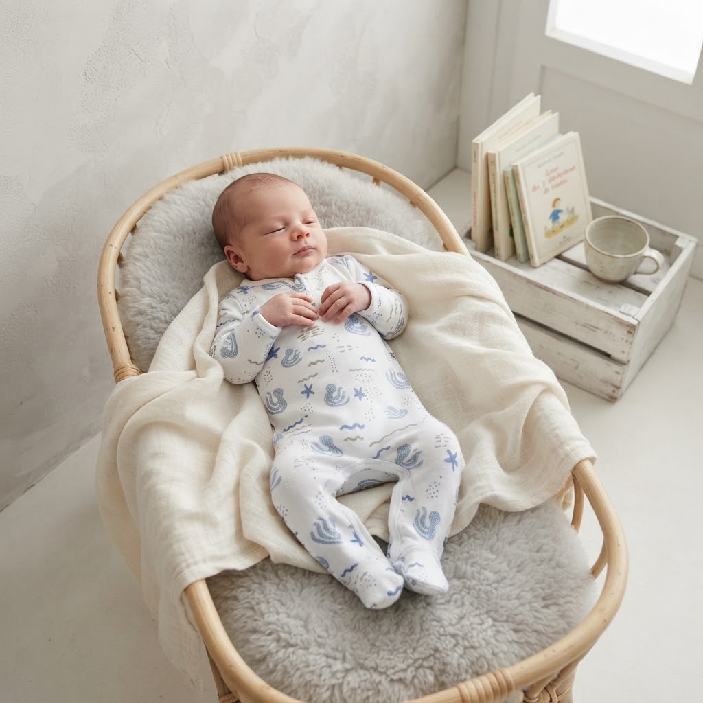 Feather Baby Cream Ocean Print Pima Cotton Long Sleeve Snap Footed Sleeper | 3-6m