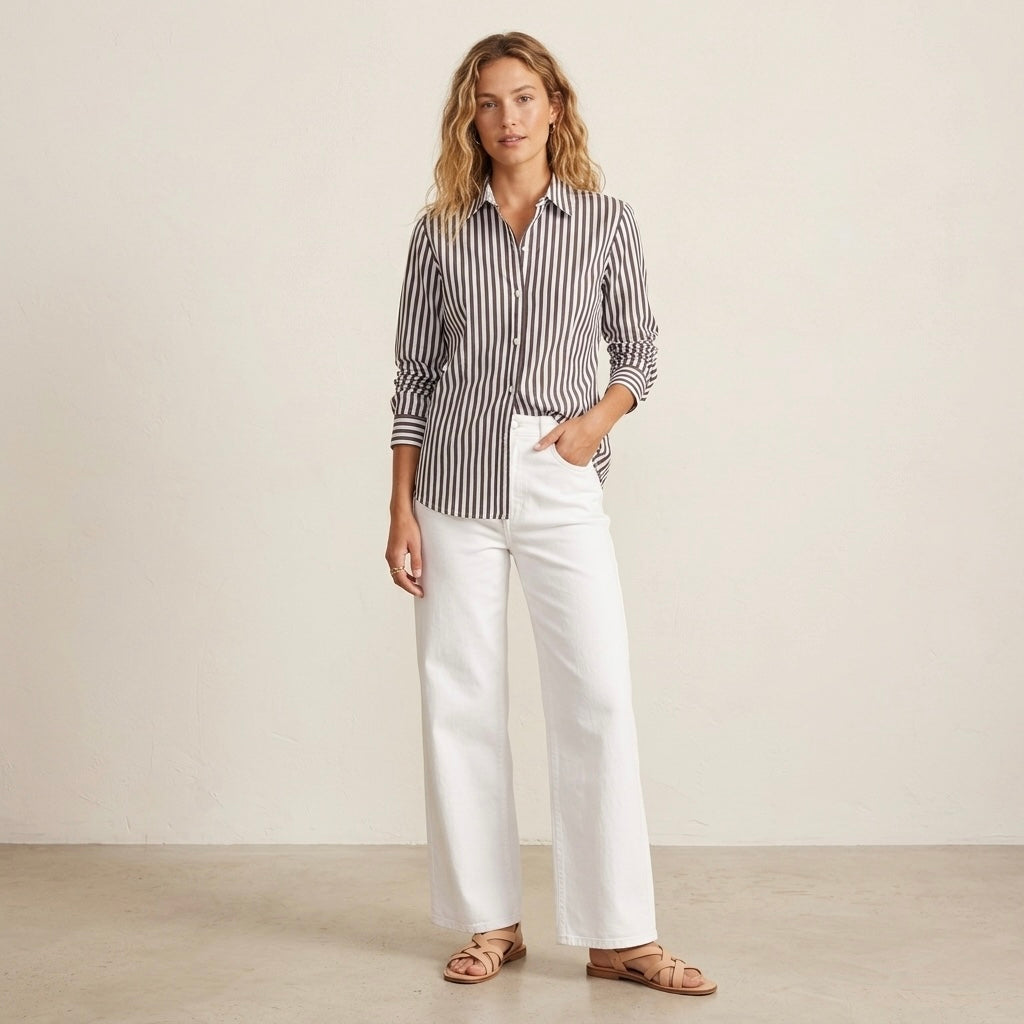 Foxcroft Petite Brown & White Striped No Iron Button Down Shirt | 4P