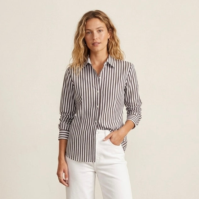 Foxcroft Petite Brown & White Striped No Iron Button Down Shirt | 4P