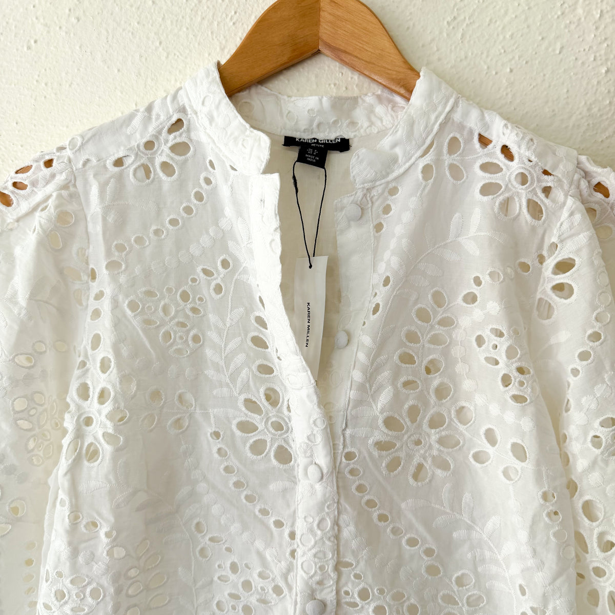 Karen Millen Petite White Cotton Eyelet Broderie Short Sleeve Blouse | 4P