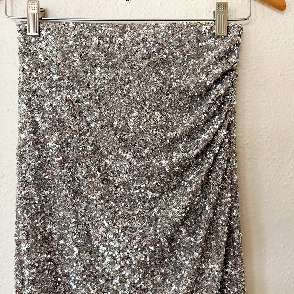 Express Silver Sequin Ruched Stretch Midi Skirt | XS