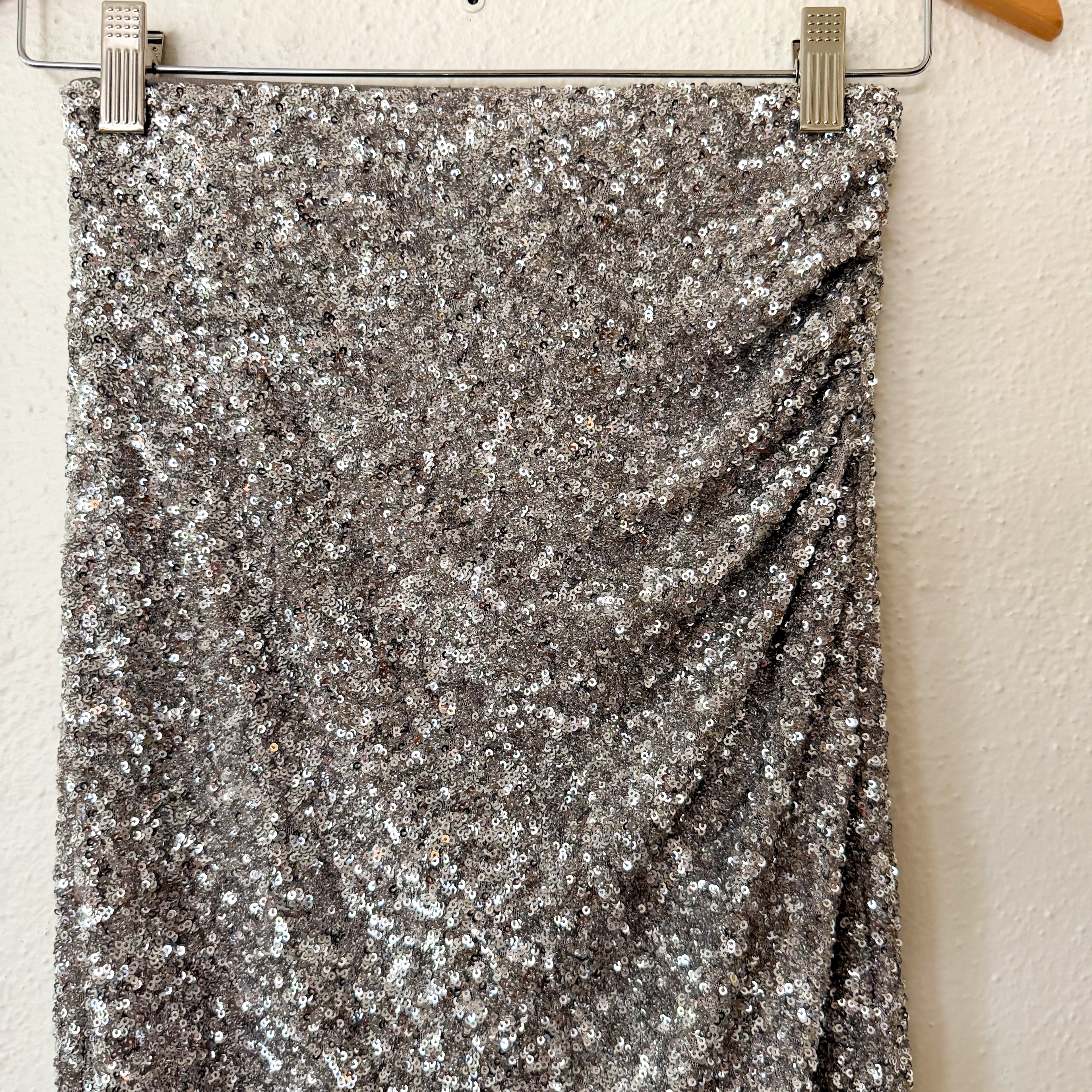 Express Silver Sequin Ruched Stretch Midi Skirt | XS