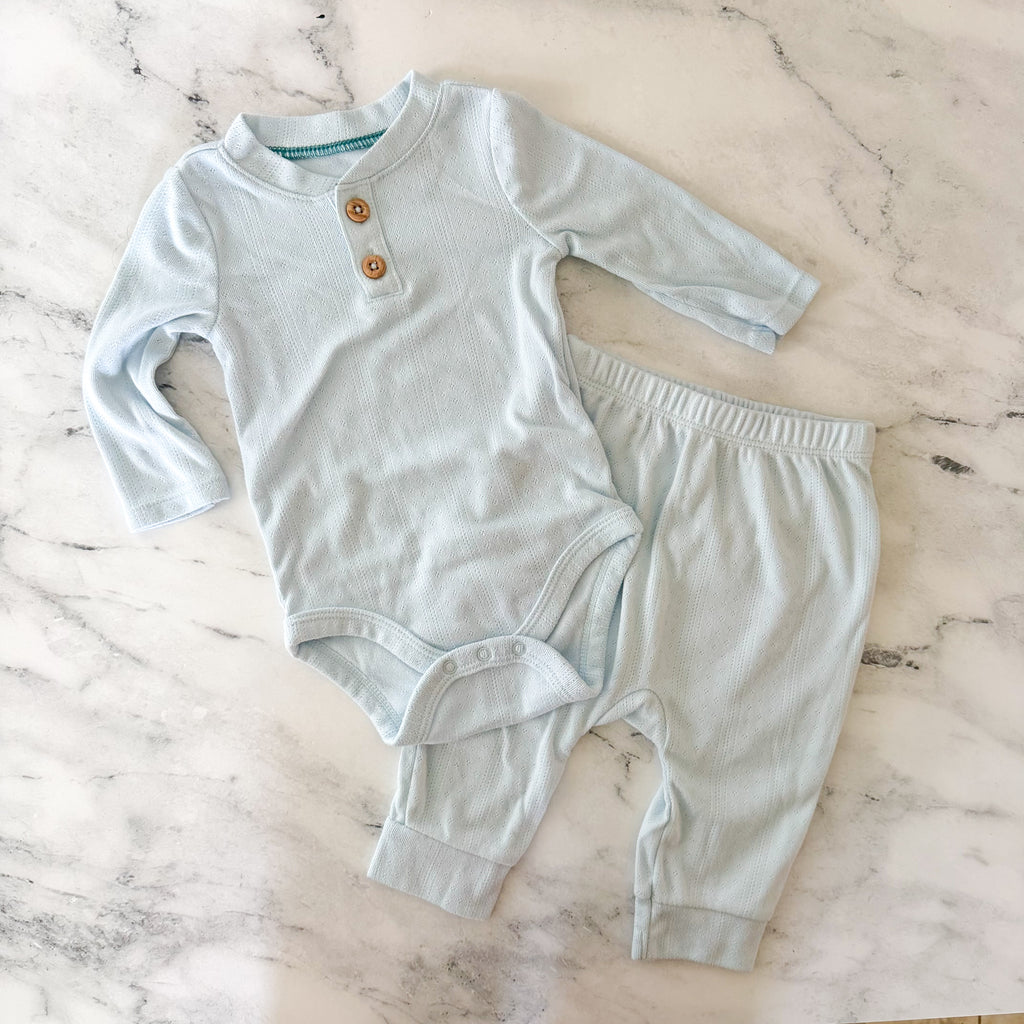Cloud Island Powder Blue Long Sleeve Pointelle Bodysuit + Pants Matching Set | 3-6m