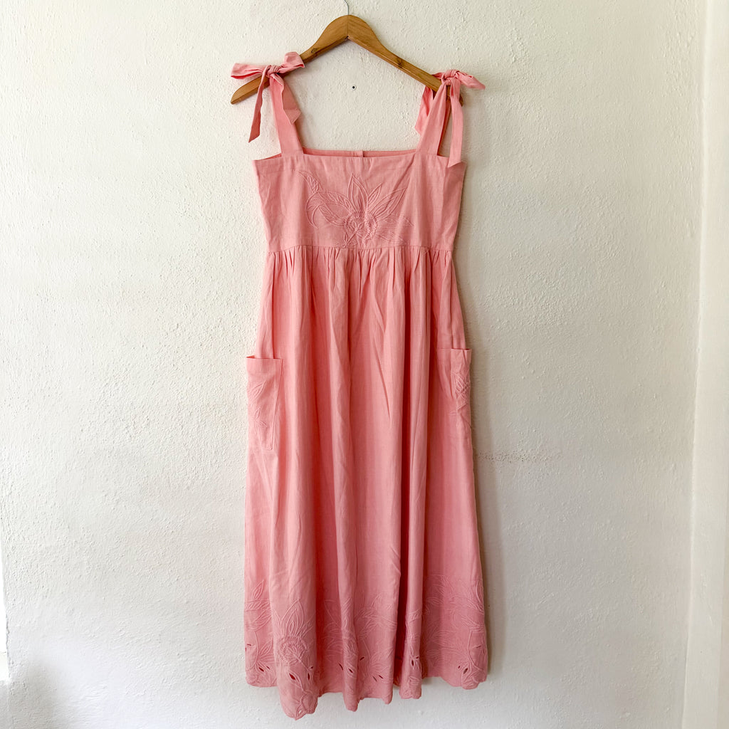 Juliet Dunn London Pink Floral Embroidered Cotton Midi Dress | 1