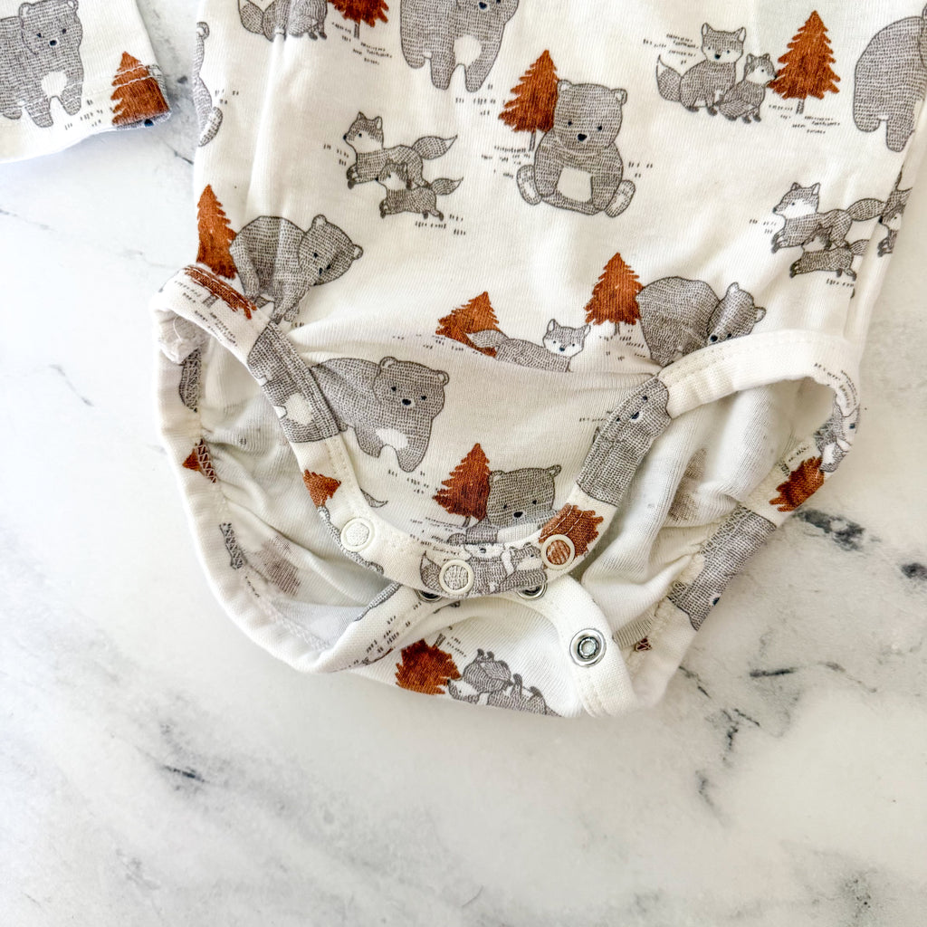 H&M Organic Cotton Cream Bear Forest Long Sleeve Bodysuit | 3-6m