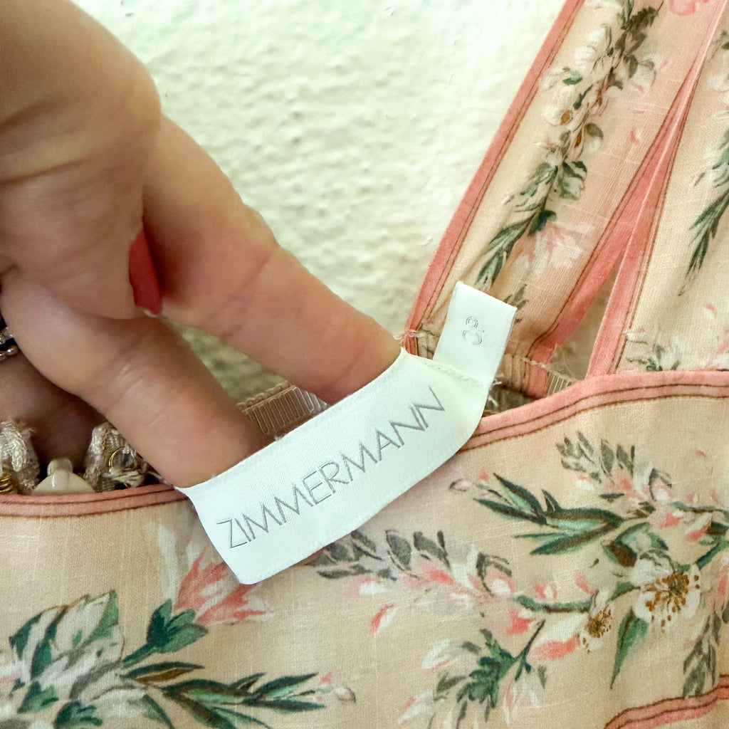 Zimmermann Pink Floral Moonshine Strappy Tie Shoulder Maxi Dress | 0P