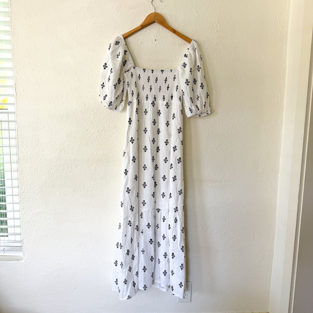 Love, Tomas Emerson Fry Linen Blend Boho Half Sleeve Block Print Maxi Dress | XS