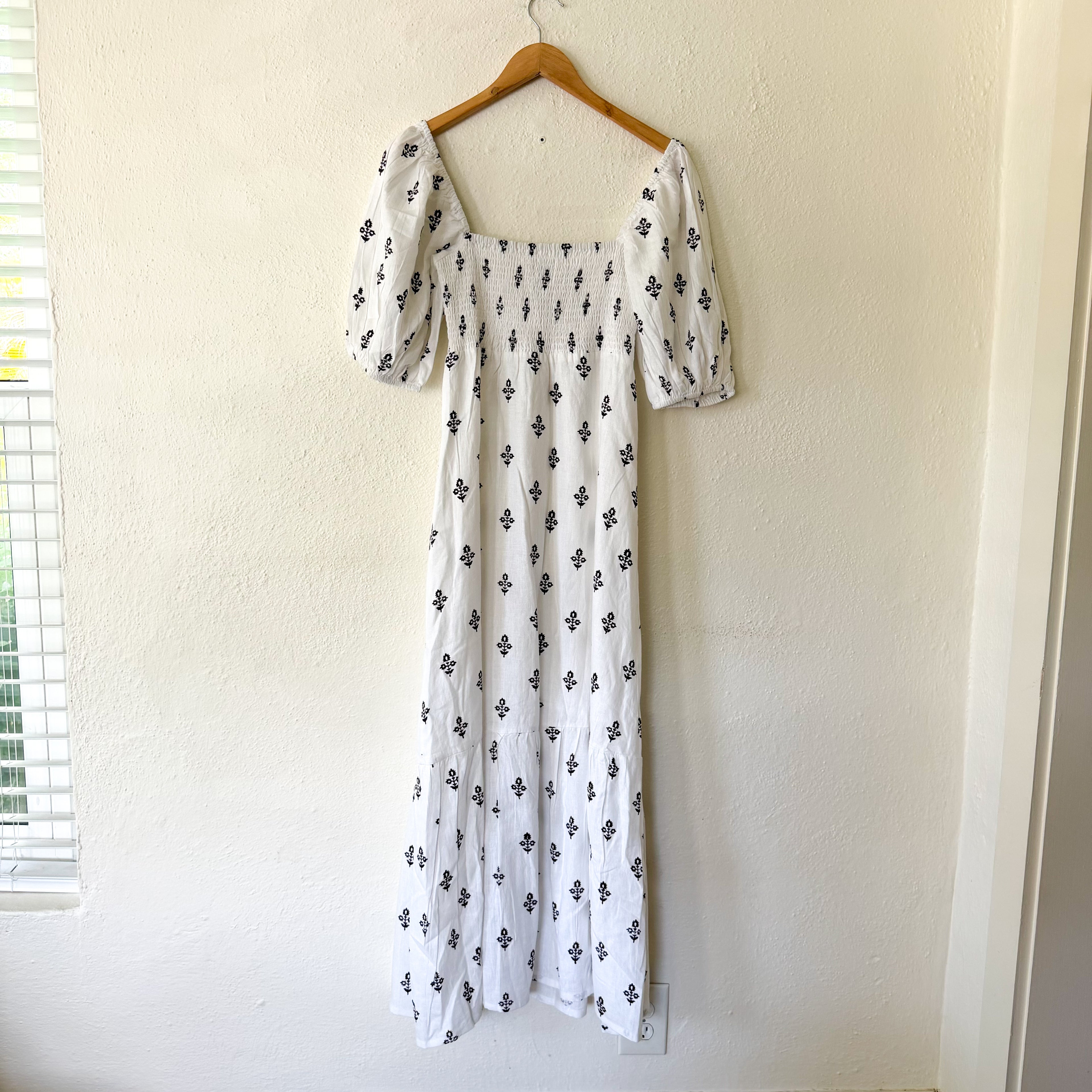 Love, Tomas Emerson Fry Linen Blend Boho Half Sleeve Block Print Maxi Dress | XS