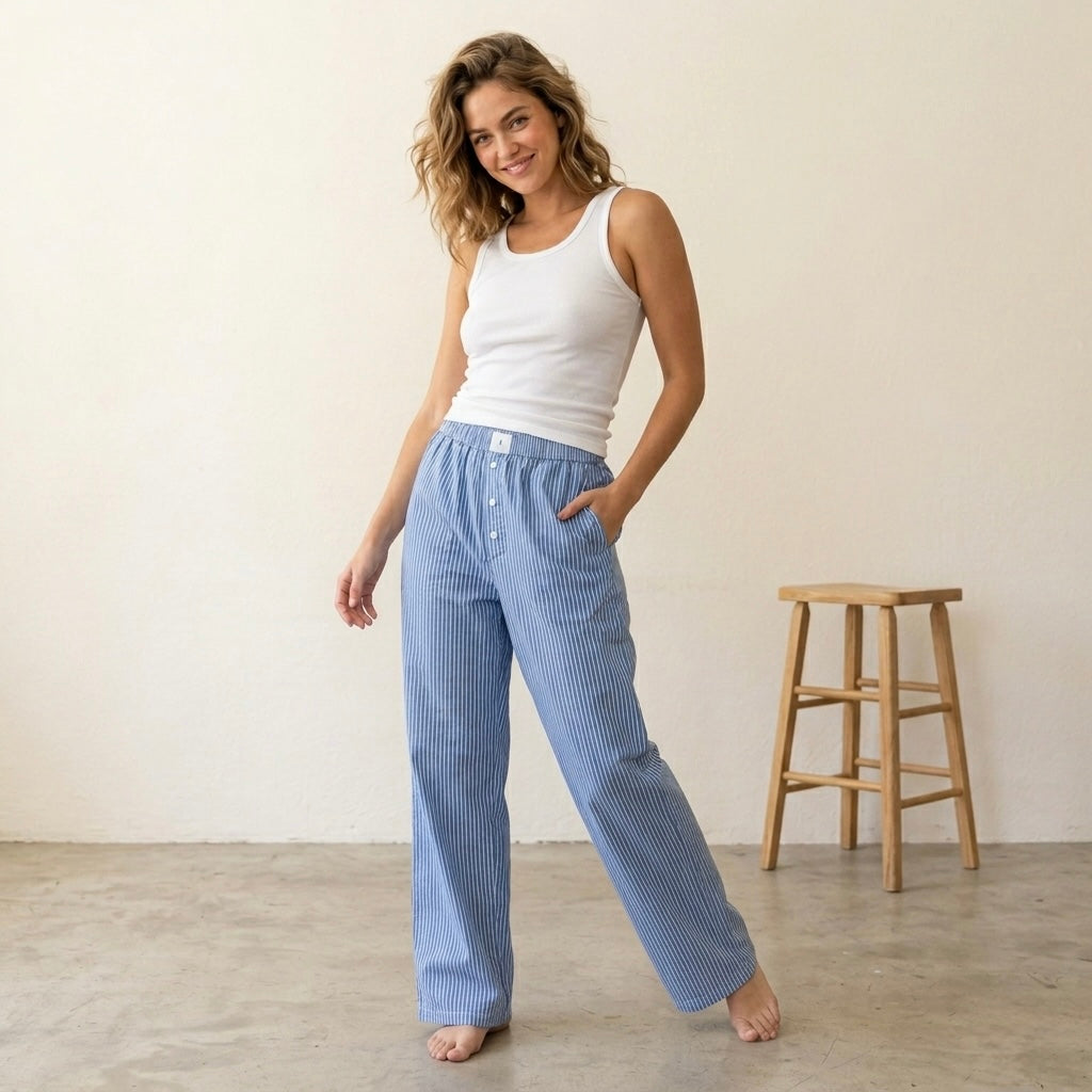 Anthropologie The Wren Wide Leg Pajama Boxer Pants in Blue & White Stripe | XS