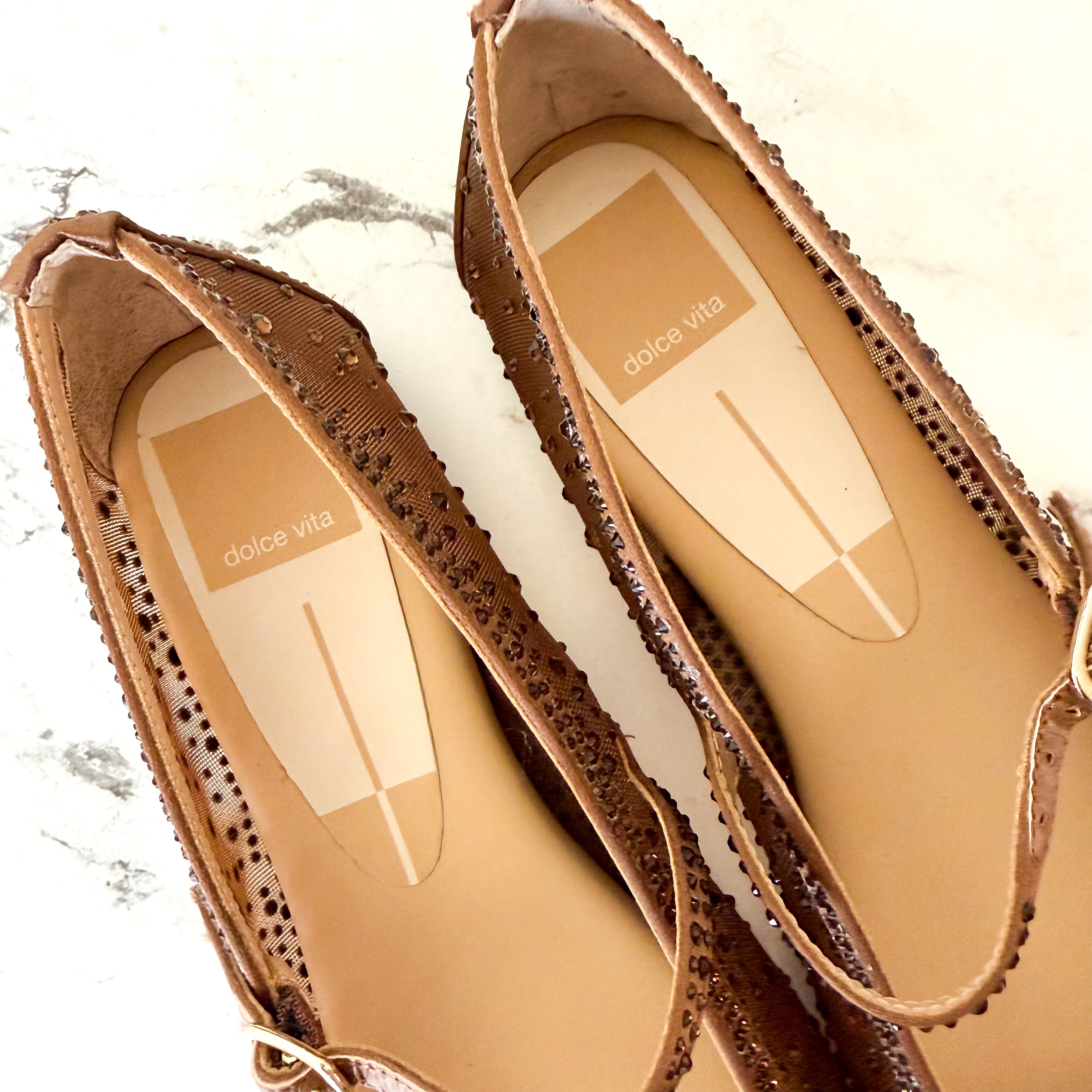 Dolce Vita Reyes Crystal Embellished Ballet Flats in Brown Mesh | 6.5