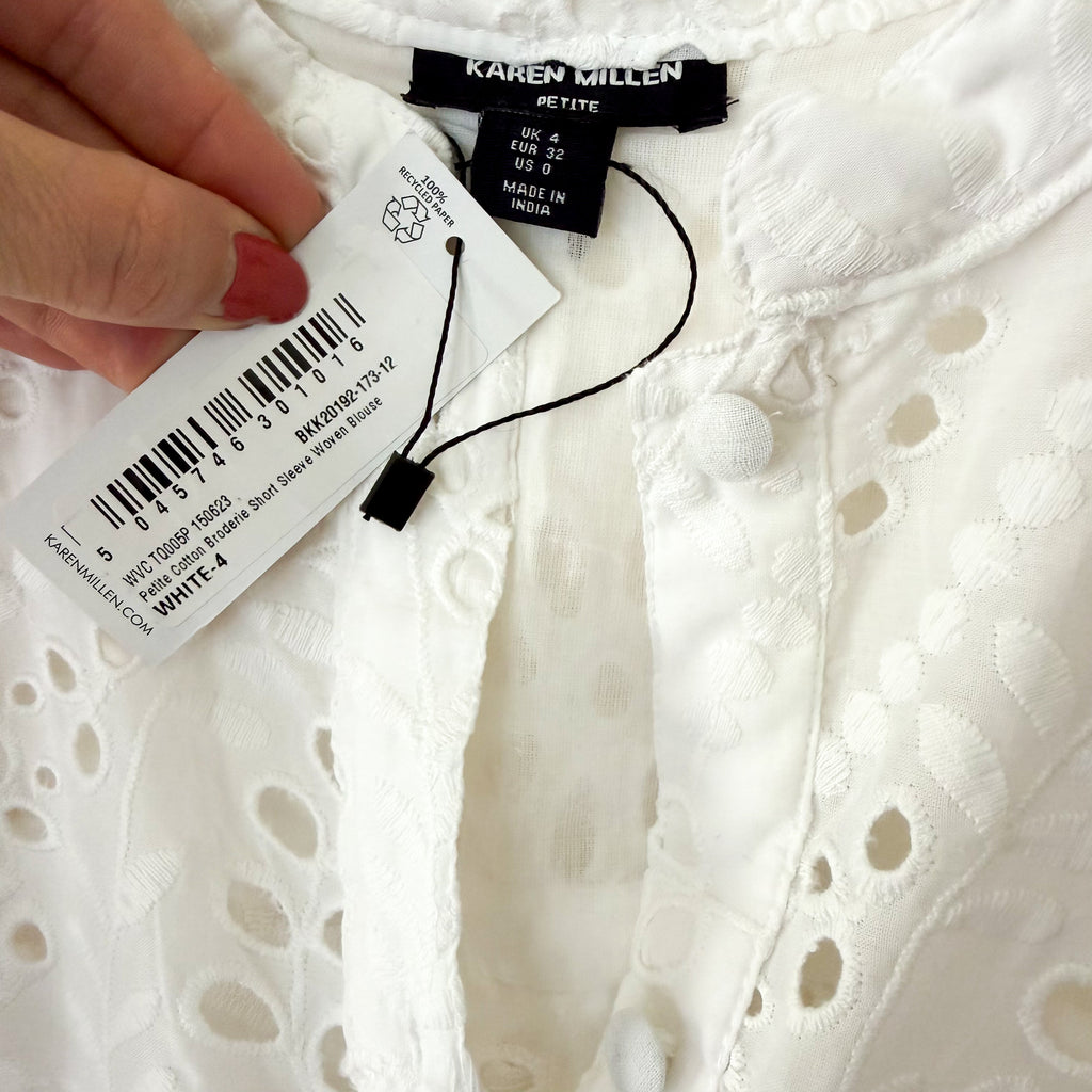 Karen Millen Petite White Cotton Eyelet Broderie Short Sleeve Blouse | 4P