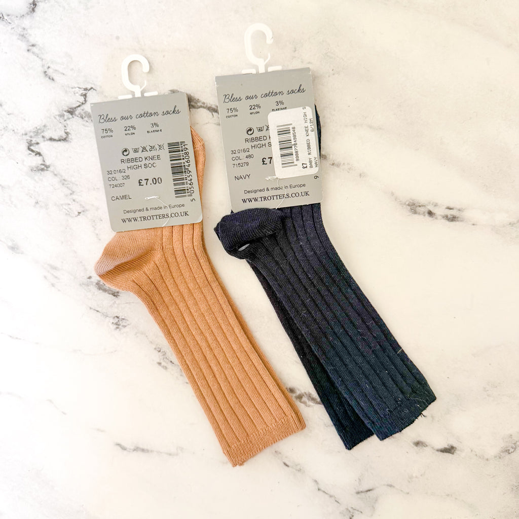 Chelsea Clothing Co. Cotton Knee High Socks Navy Blue + Tan Bundle | 6-12m