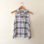 Equipment Femme Mina 100% Silk Red & Blue Plaid Button Down Sleeveless Shirt | XS