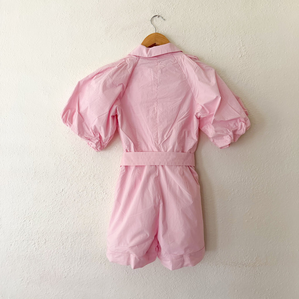 Karen Millen Pink Cotton Poplin Balloon Sleeve Button Down Romper | 2