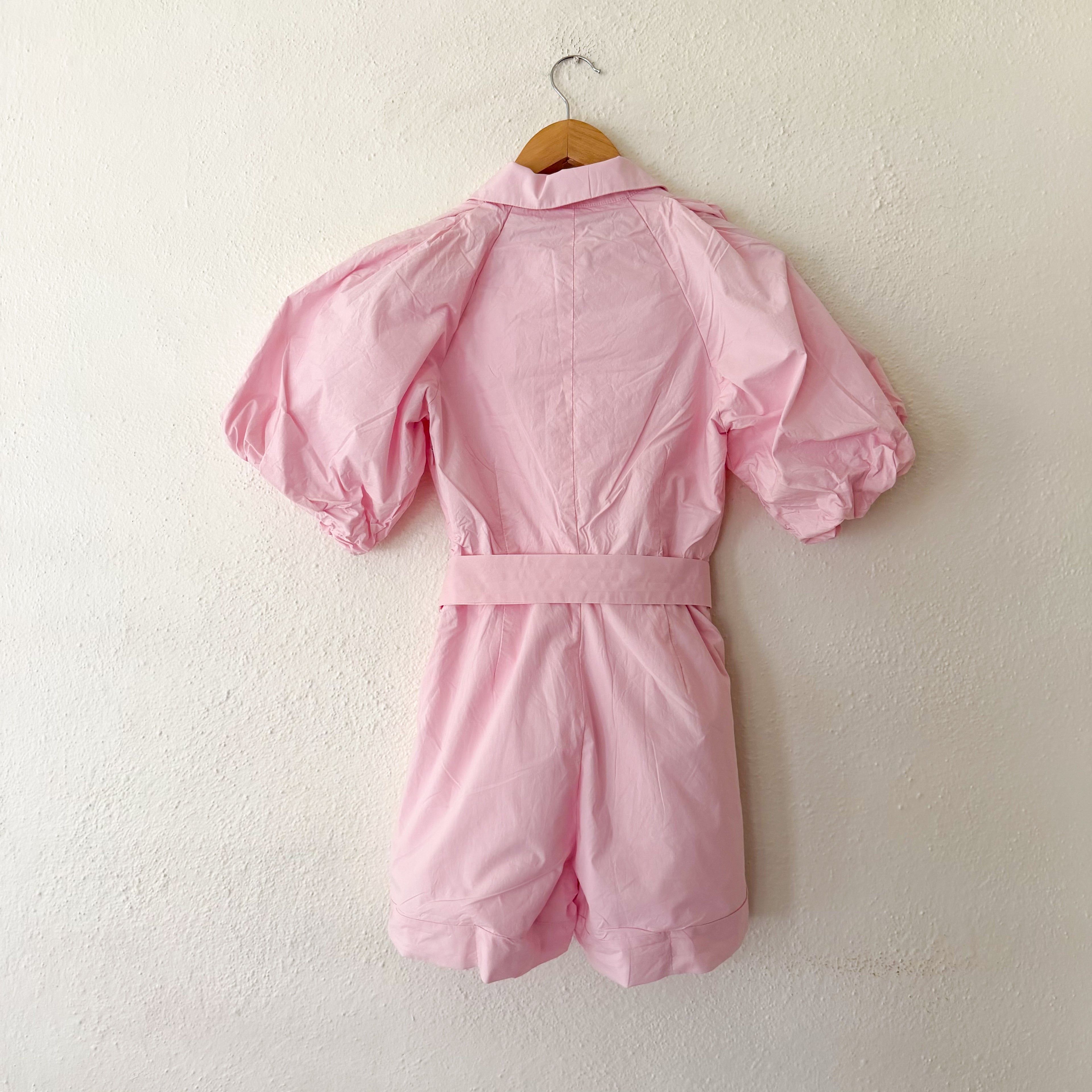 Karen Millen Pink Cotton Poplin Balloon Sleeve Button Down Romper | 2