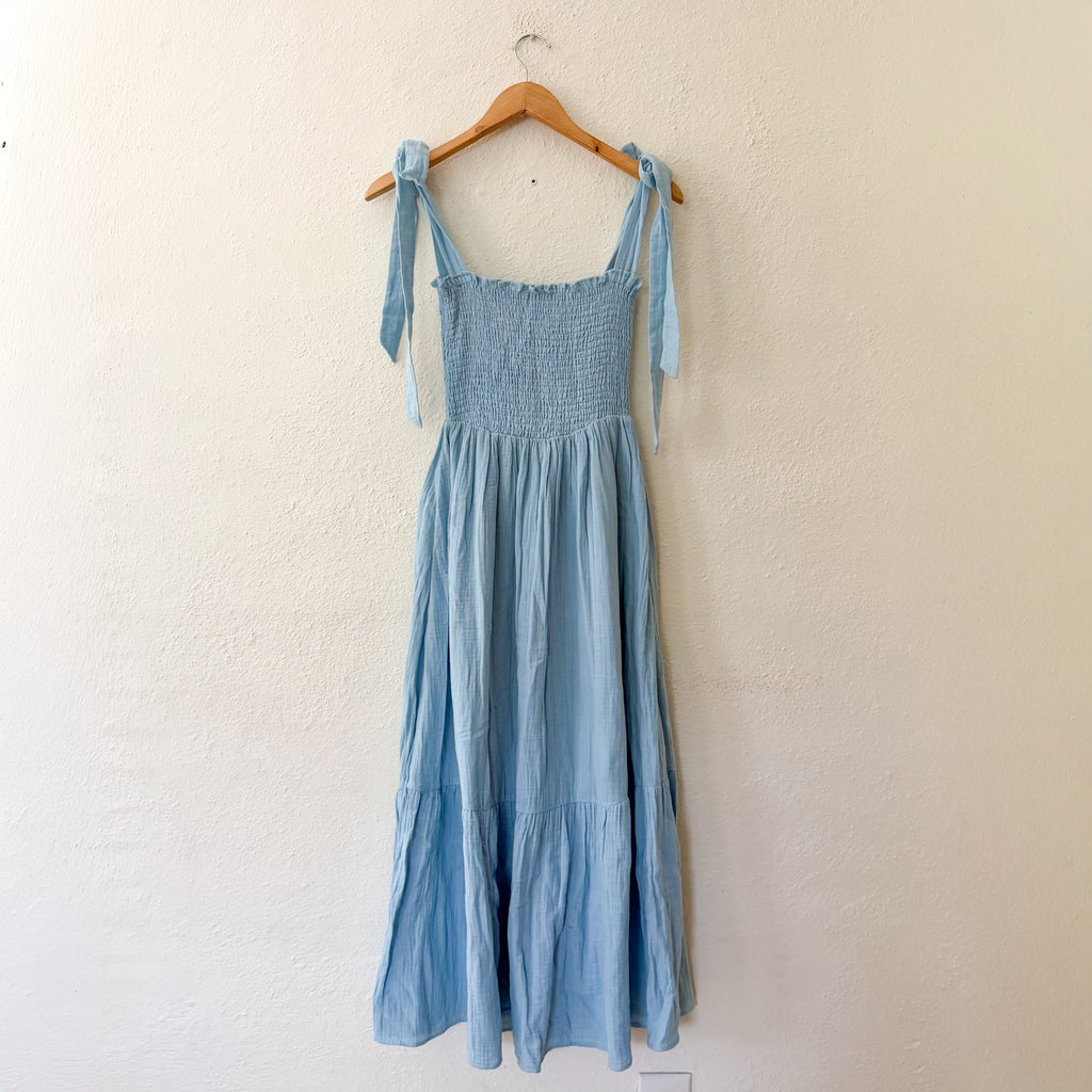 Caslon Smocked Tie Strap Cotton Gauze Midi Sundress in Baby Blue | XS