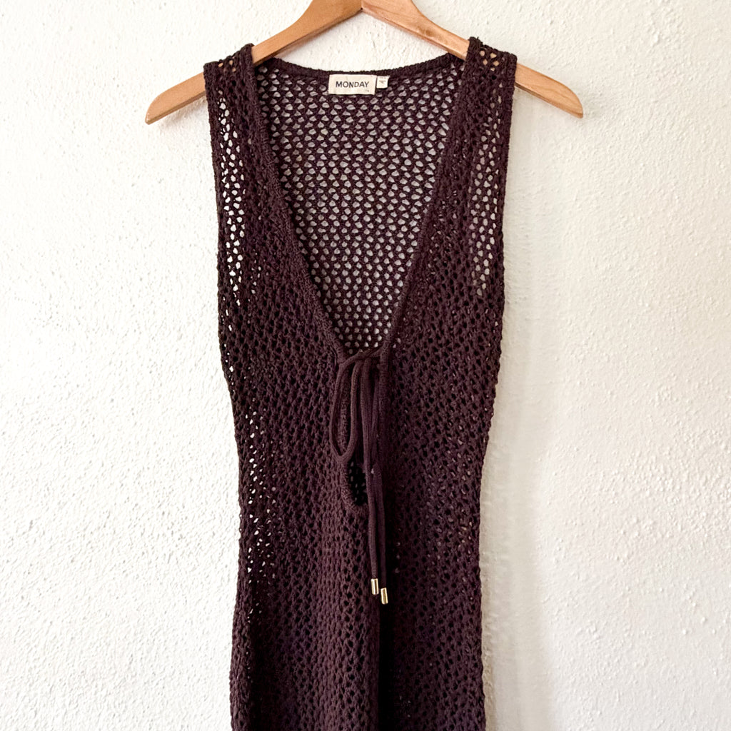Monday Swimwear Crochet Monte Carlo Tie Cover Up Midi Dress in Espresso | S