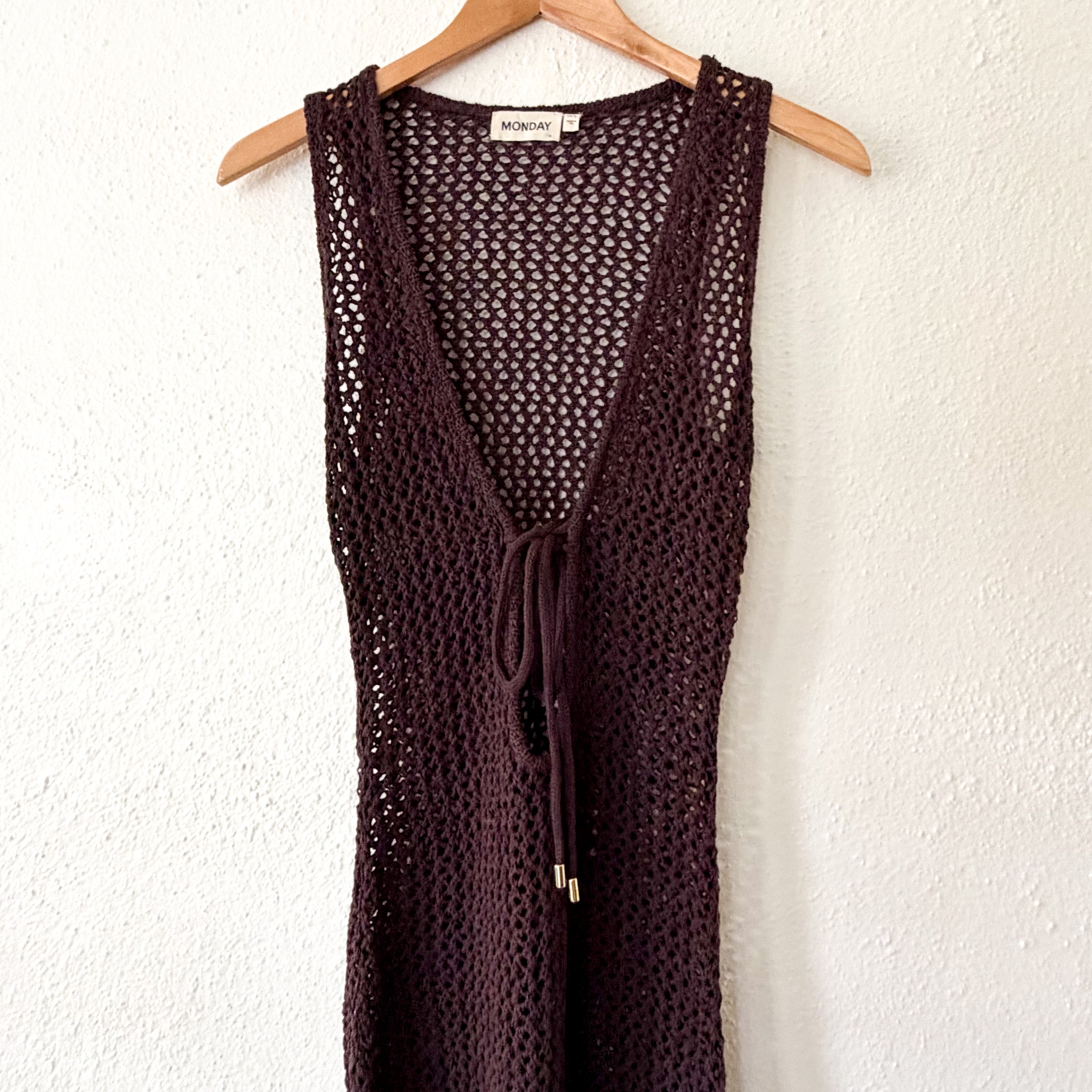 Monday Swimwear Crochet Monte Carlo Tie Cover Up Midi Dress in Espresso | S