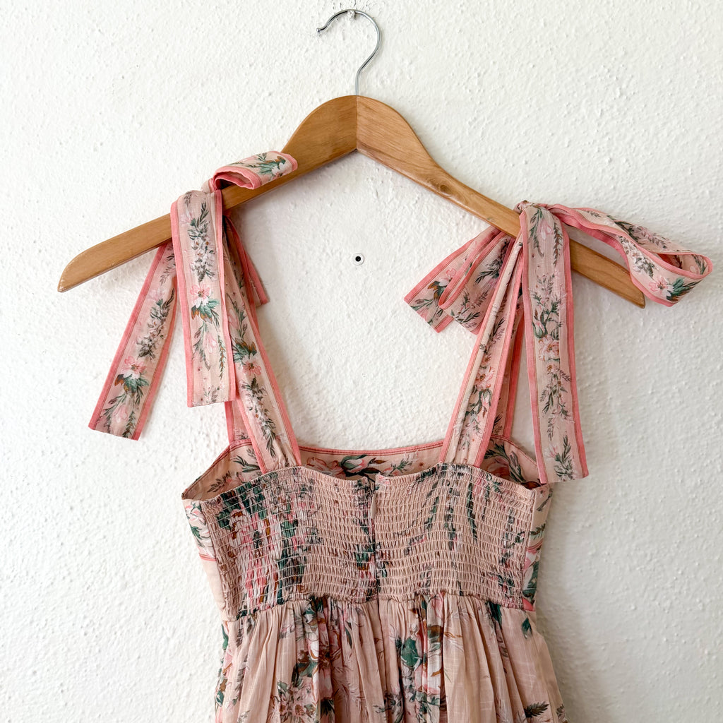 Zimmermann Pink Floral Moonshine Strappy Tie Shoulder Maxi Dress | 0P