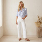 ME+EM Ruffle Mockneck Half Button Up Elbow Sleeve Cotton Blouse in Blue Stripe | 2